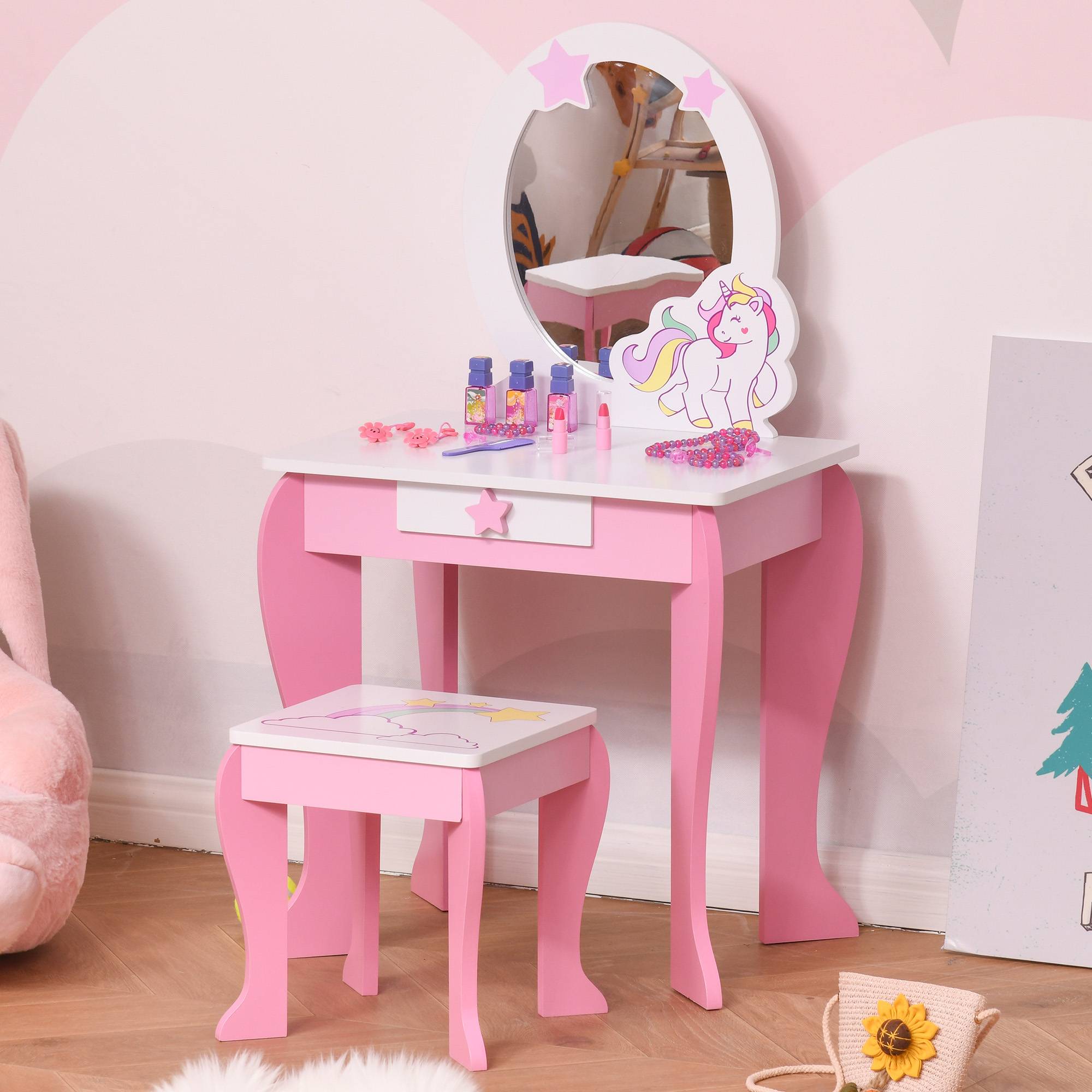 Sans Marque - Coiffeuse Enfant Design Licorne - Tabouret Inclus - dim. 49L x 34l x 90H cm - tirair, Miroir - MDF - Rose Blanc - Image 3