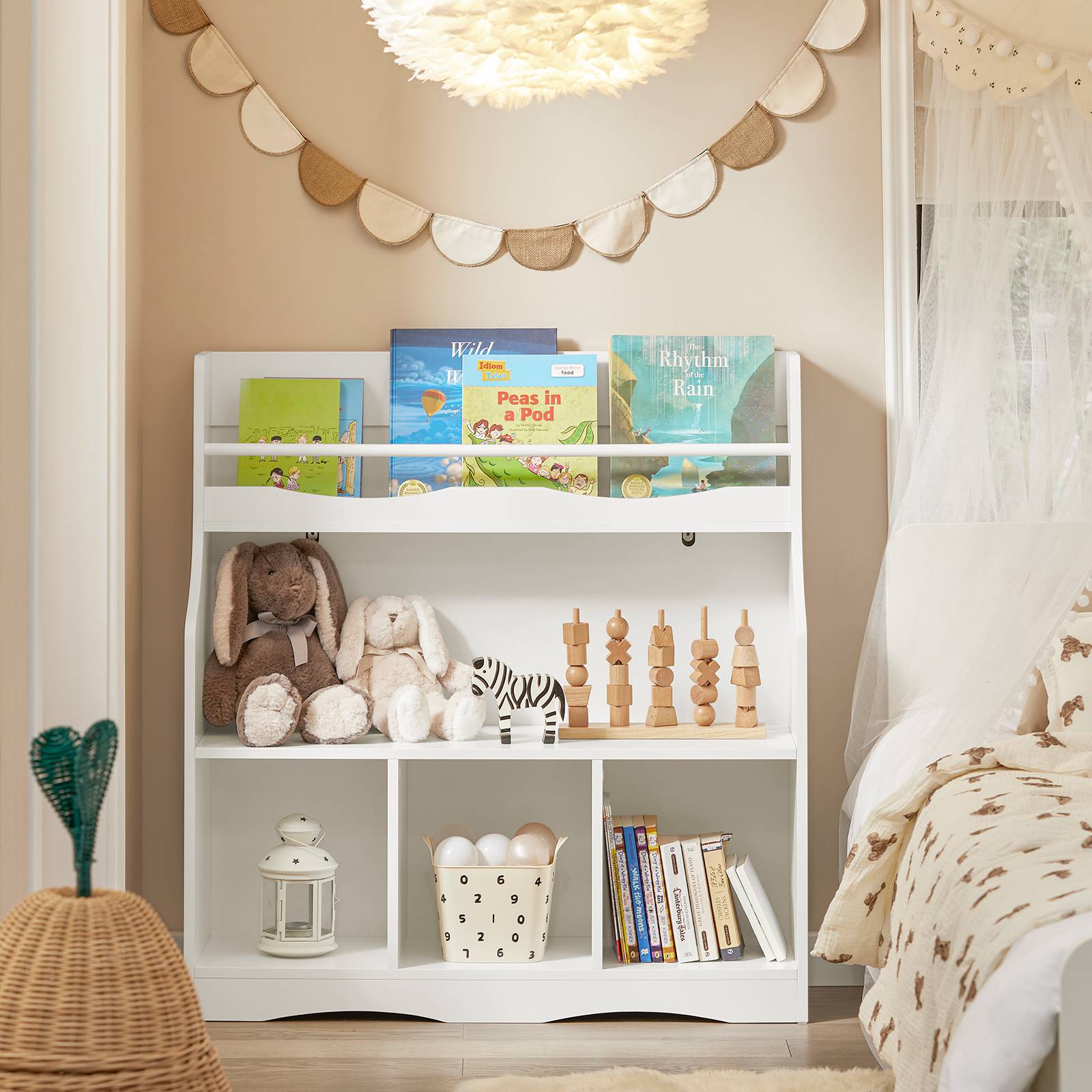 Bibliothèque Enfant SoBuy KMB55-K-W - 5 Compartiments Rangement Jouets Et Livres, Étagère Chambre Bébé Blanc 80x34x104cm