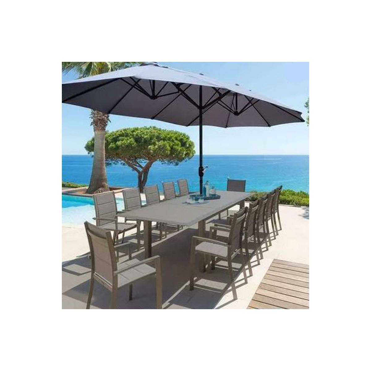 Parasol de jardin double Gris 450 x 265 x H 240cm Mât Ø48mm Toile polyester 180gr/m2 Robuste KZ GARDEN - Image 3