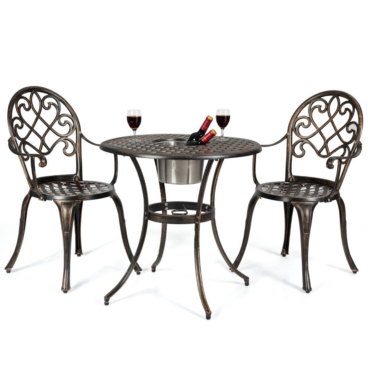 Ensemble 3 Pièces Salon de Jardin en Fonte d'Aluminium avec Seau à Glace Amovible Chaise avec Accoudoir Charge 100KG pour Balcon Terasse
