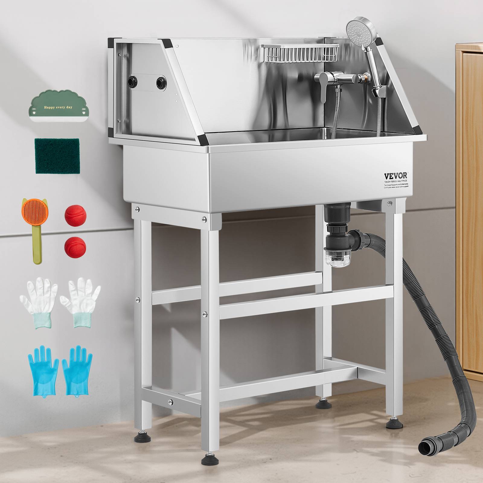 VEVOR Baignoire chien inox, 87 cm, station lavage, robinet, pommeau douche. Porte-savon. - Image 8