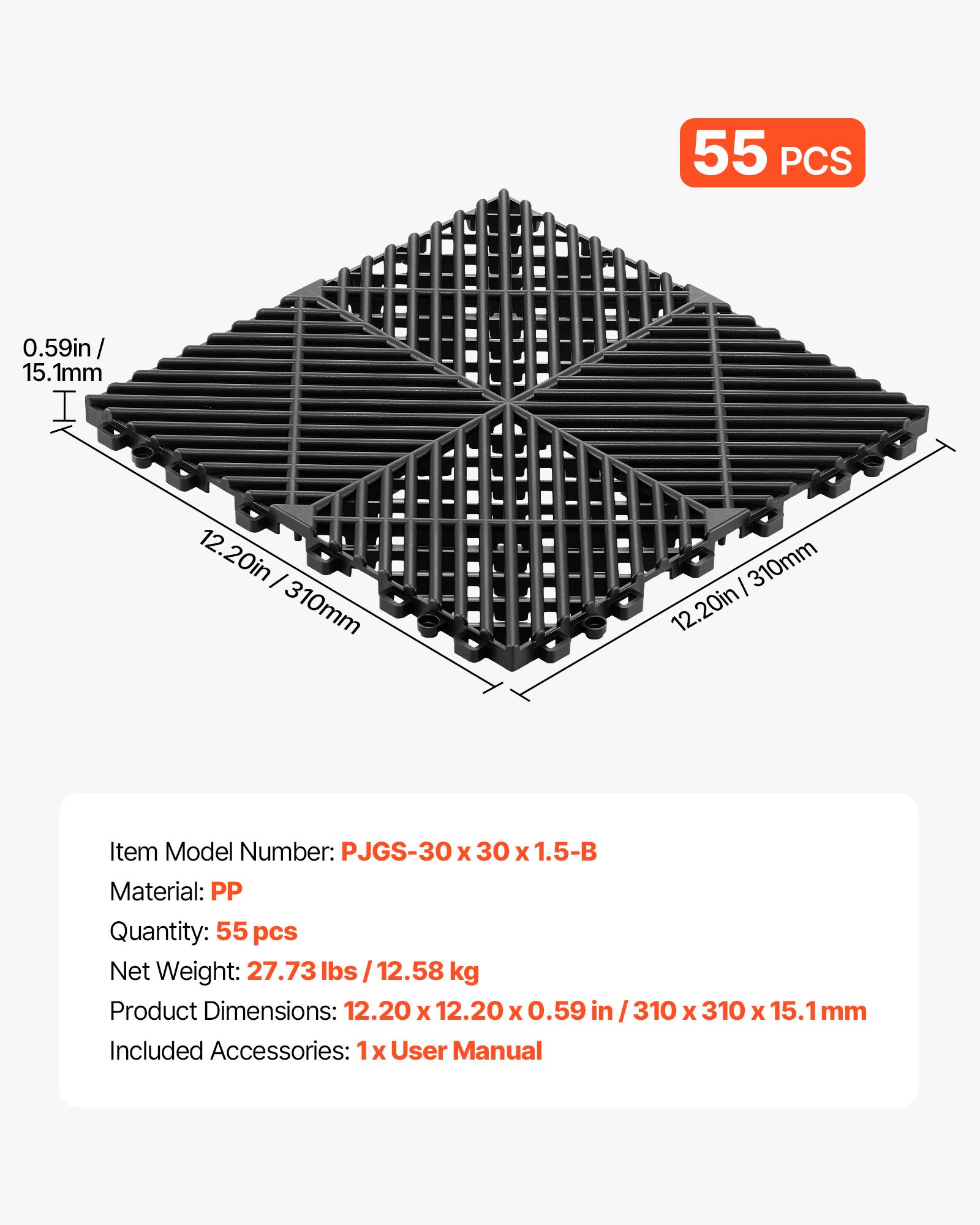 Vevor - VEVOR Dalles de sol clipsables en PP, lot de 55, 310x310 mm, système emboîtable antidérapant pour garages, piscines, terrasses, noir. - Image 6