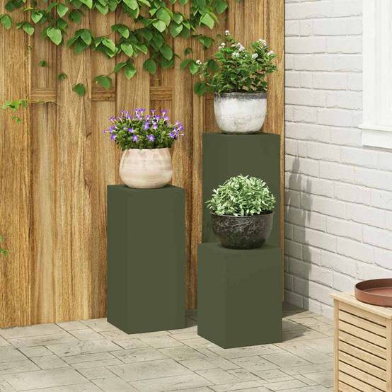 Set de 3 Porte-pots sur Pieds en Acier Robuste Design Contemporain pour Extérieur Vert Olive – ComfortXL Outdoor Living - Image 1