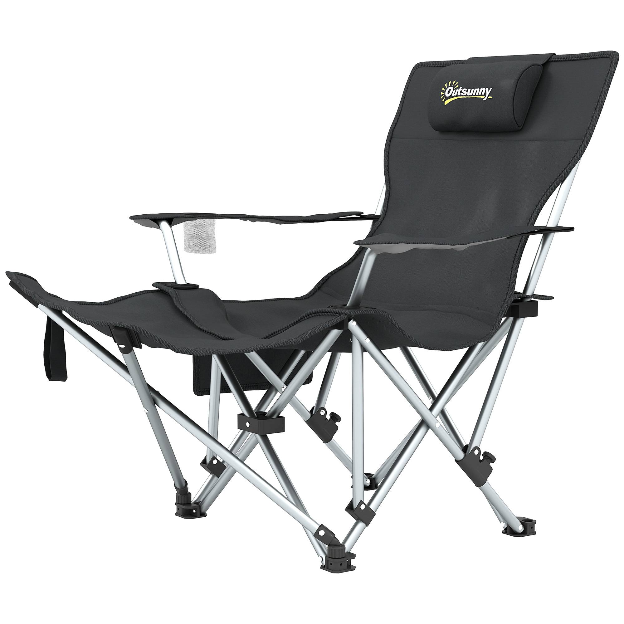 Chaise camping pliante inclinable, repose-pieds, appui-tête, porte-gobelet amovibles noire, confort modulable - Image 2
