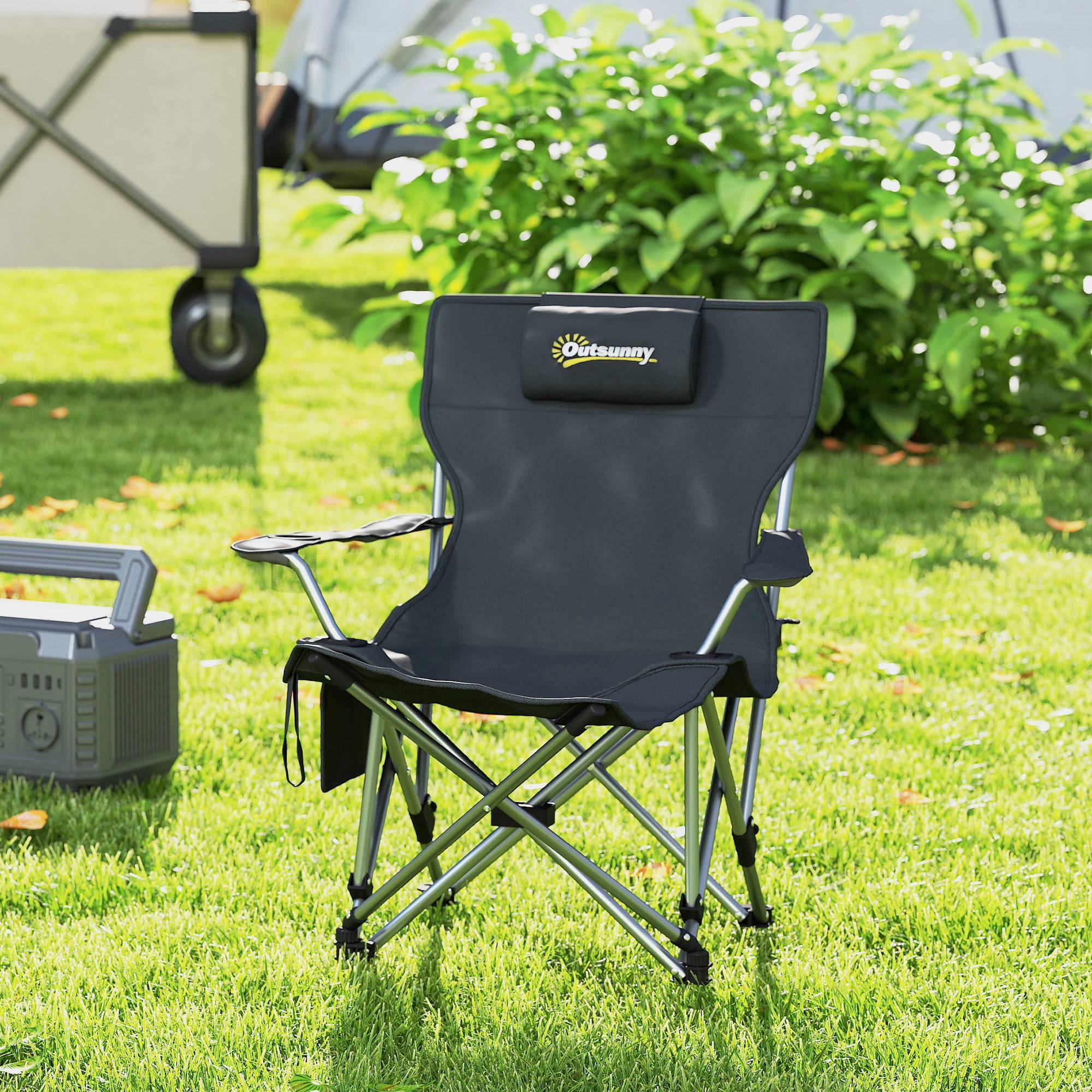 Chaise camping pliante inclinable, repose-pieds, appui-tête, porte-gobelet amovibles noire, confort modulable - Image 3