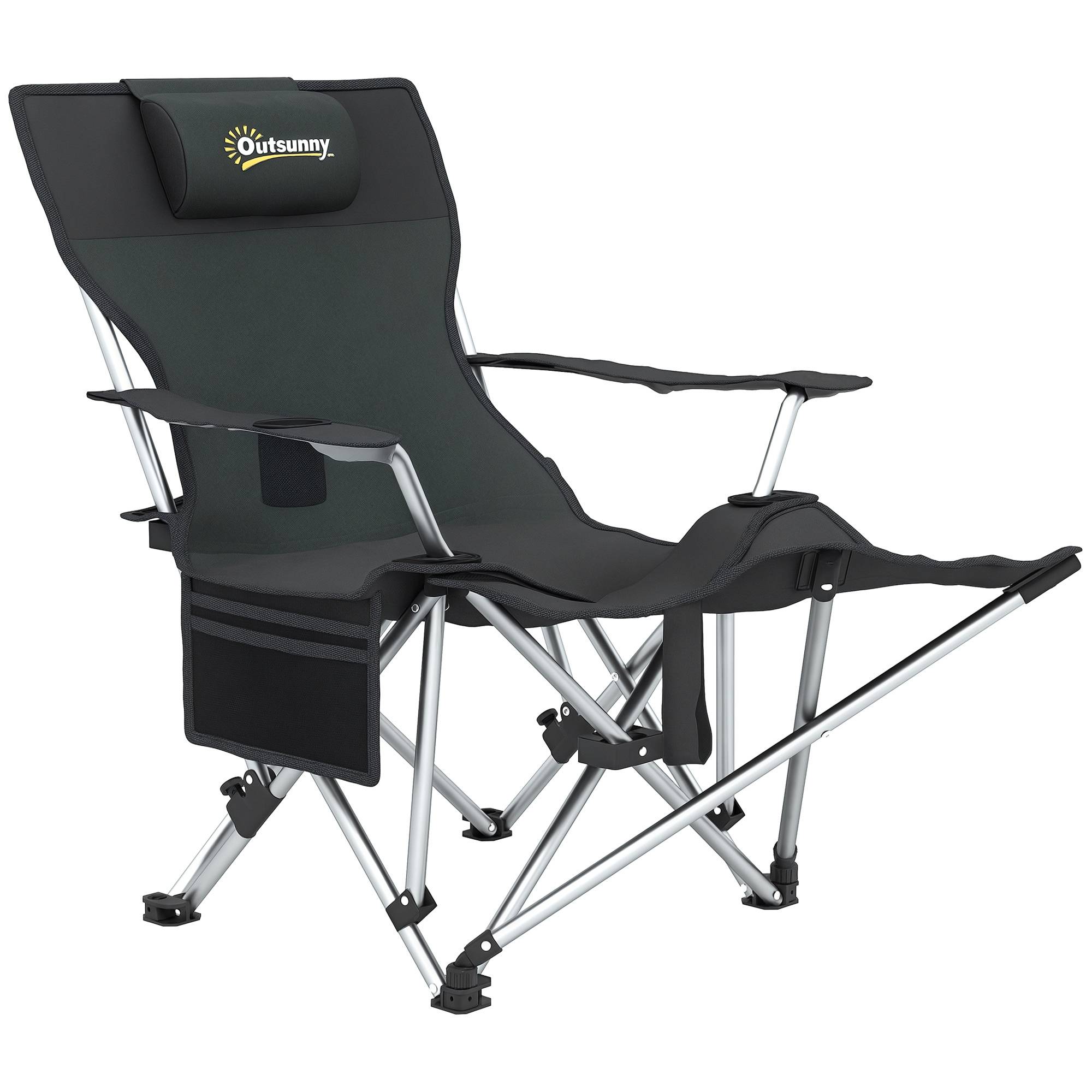 Chaise camping pliante inclinable, repose-pieds, appui-tête, porte-gobelet amovibles noire, confort modulable - Image 1