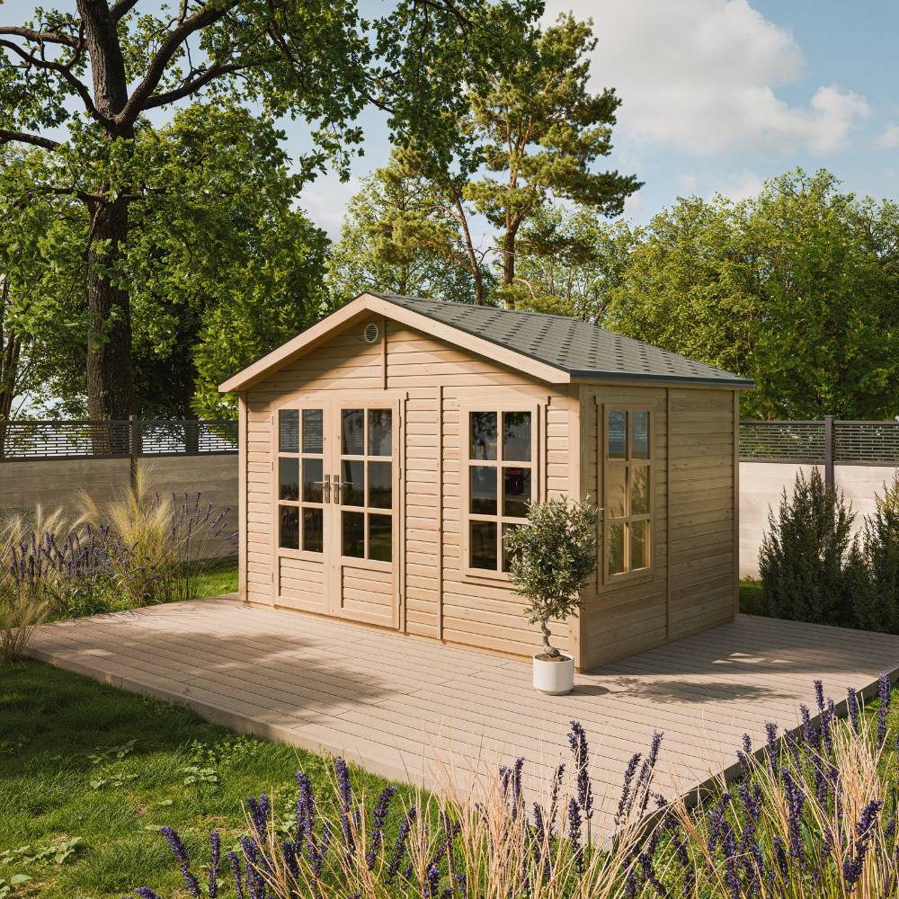 Timbela - Abri de jardin en bois - 8,88 m² - 276x382xH267 cm - sans plancher avec bardeaux bitumineux couleur gris - 17 mm d’épaisseur - Timbela M734A - Image 1