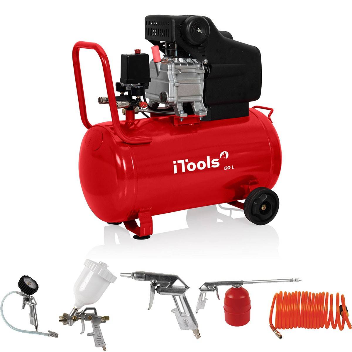 Compresseur d'air 50L à huile 8 bar 115 PSI Silencieux 2CV 1.5KW + Kit 5 accessoires air comprimé ITOOLS - Image 1