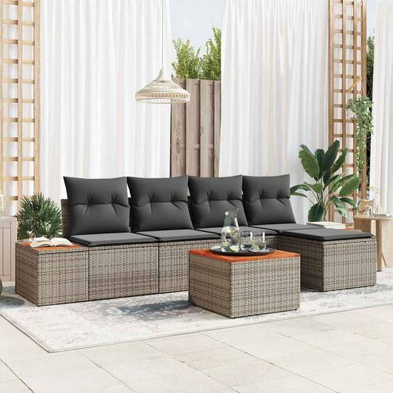 Salon de jardin modulable 6 pcs 5 places en polyrotin avec table et coussins Gris – ComfortXL Outdoor Living - Image 1