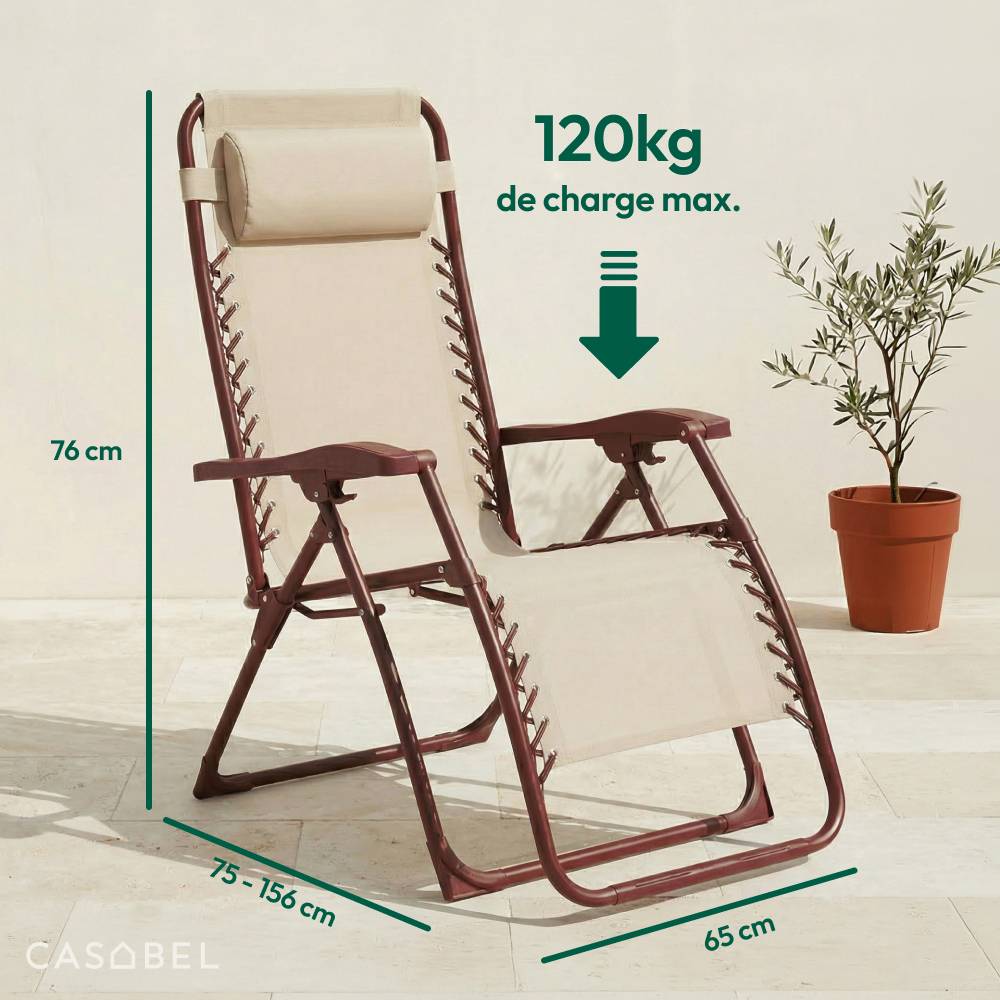 Chaise pliante Zéro Gravité Terracotta, fauteuil jardin inclinable CASABEL - Image 2