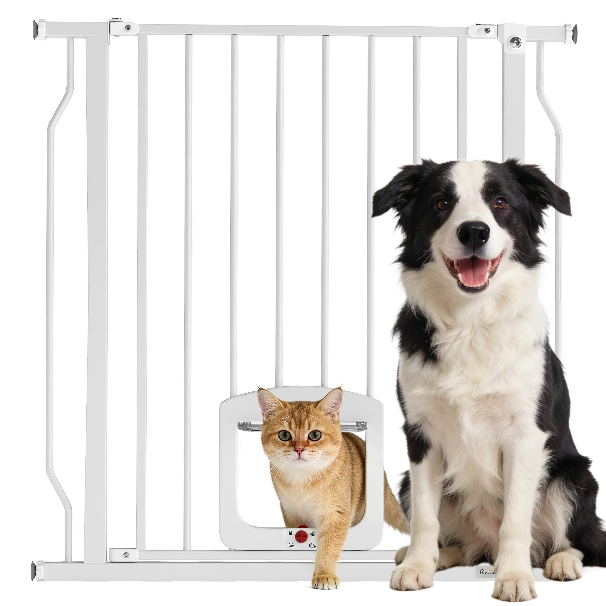 Barrière de sécurité escalier avec chatière, sans perçage, 75-85 cm, acier, chien, escaliers, blanc - Image 1