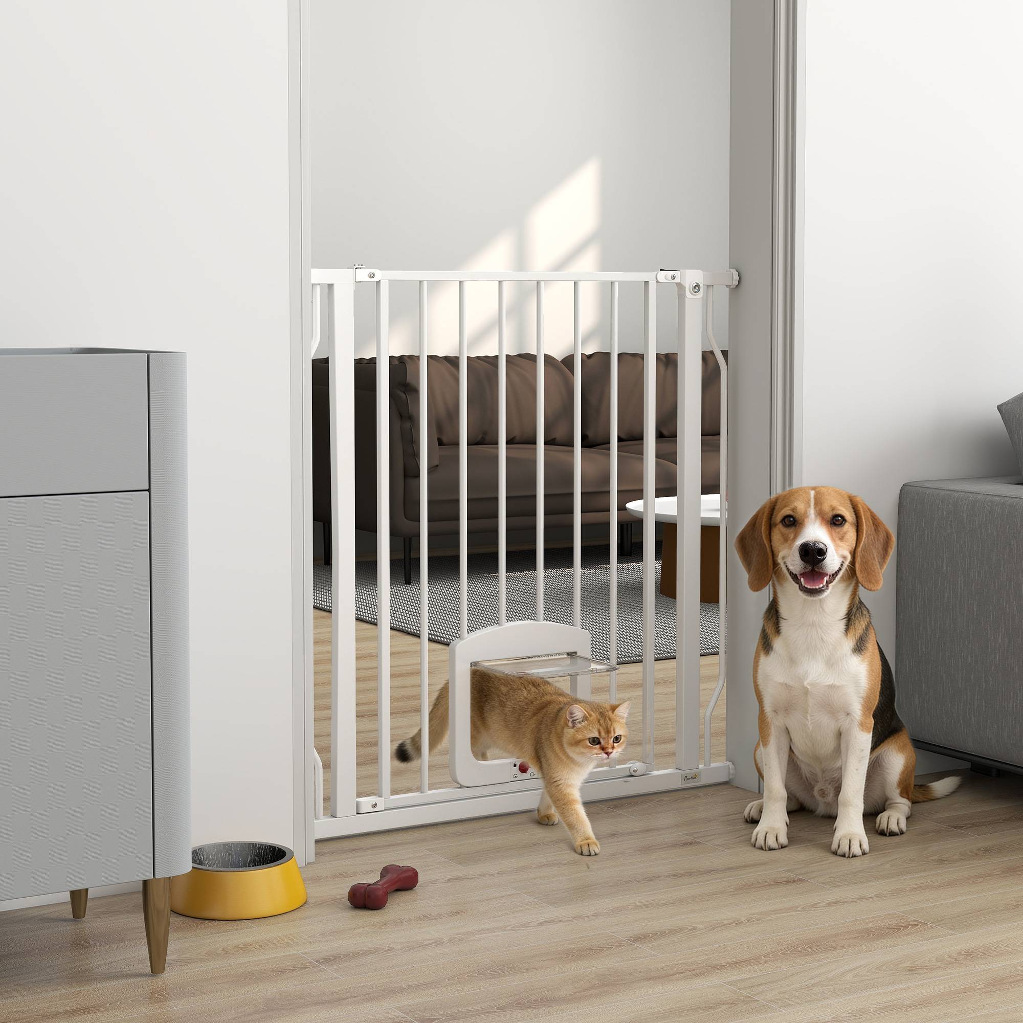 Barrière de sécurité escalier avec chatière, sans perçage, 75-85 cm, acier, chien, escaliers, blanc - Image 4