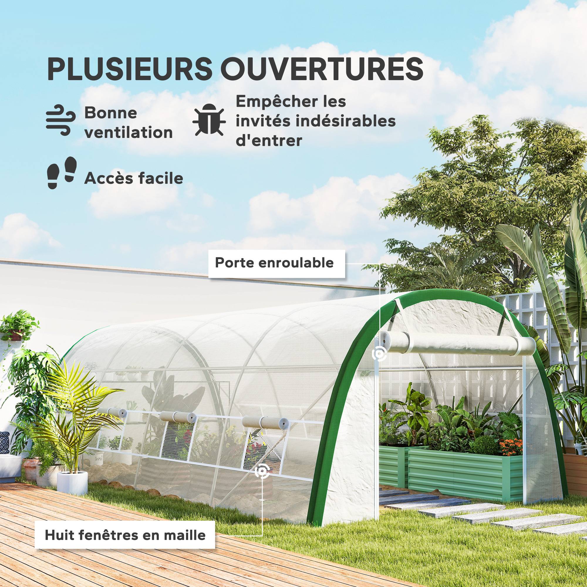 Sans Marque - Serre tunnel 18 m² 6x3x2 m acier galvanisé 8 fenêtres porte zippée serre jardin grande capacité potager blanche - Image 6