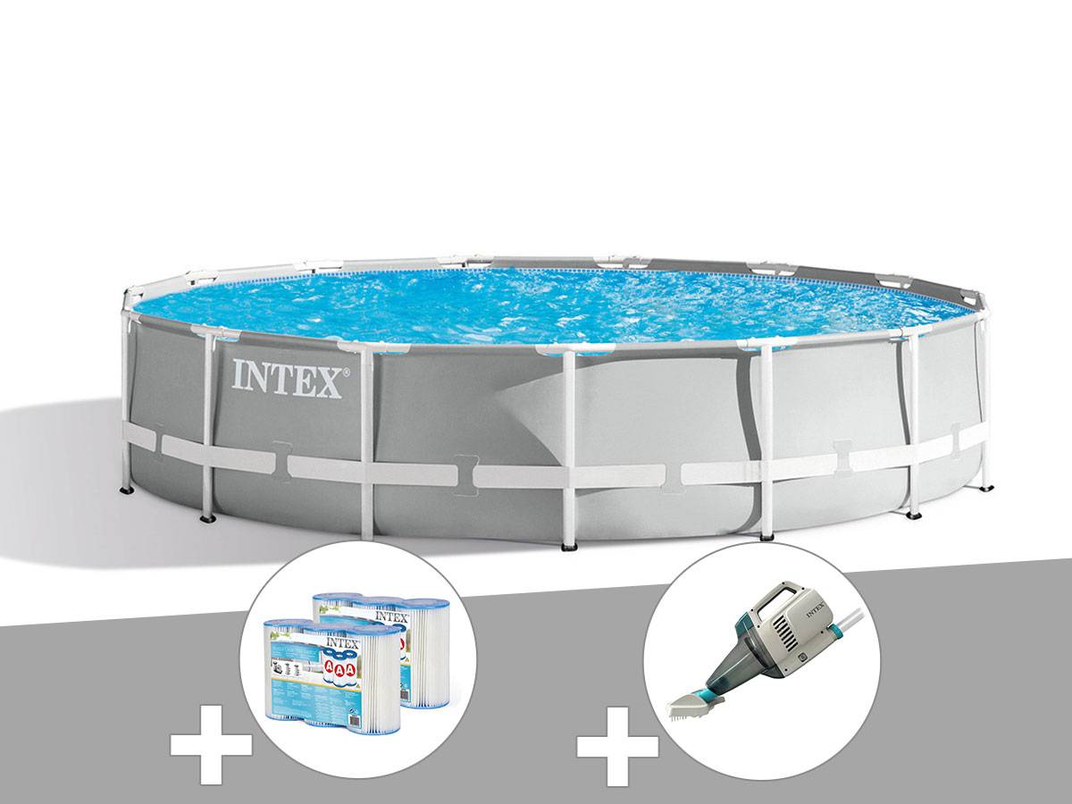Kit piscine tubulaire Intex Prism Frame ronde 4,57 x 1,07 m + 6 cartouches de filtration + Aspirateur - Image 1