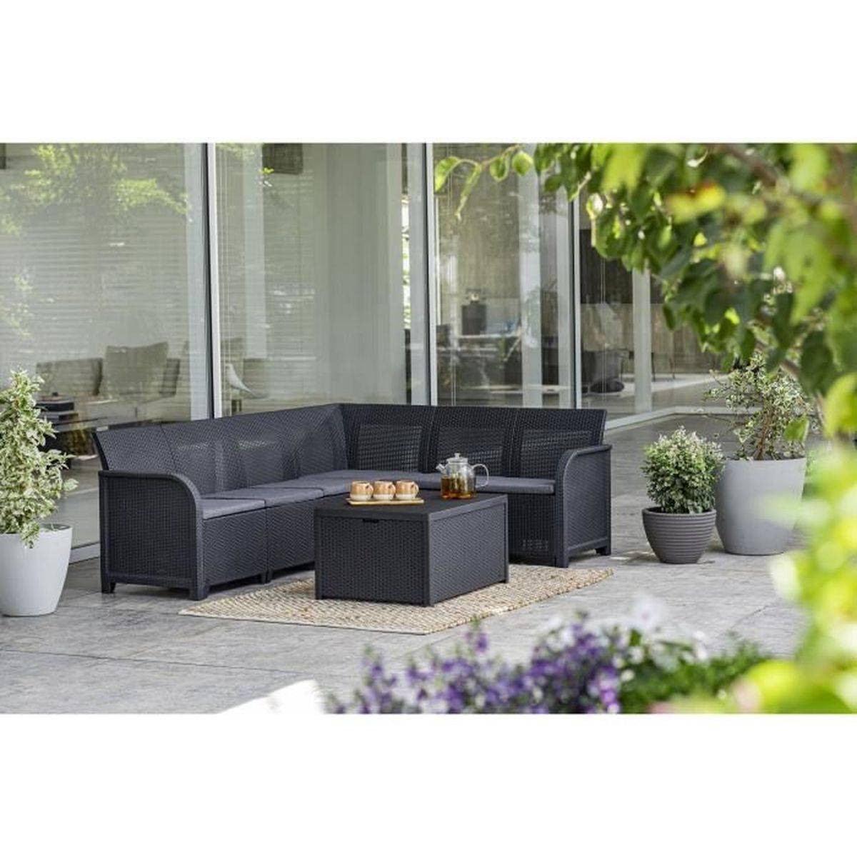 Salon de jardin d’angle 6 places avec table coffre Sanremo - Gris graphite - ALLIBERT by KETER - Image 5