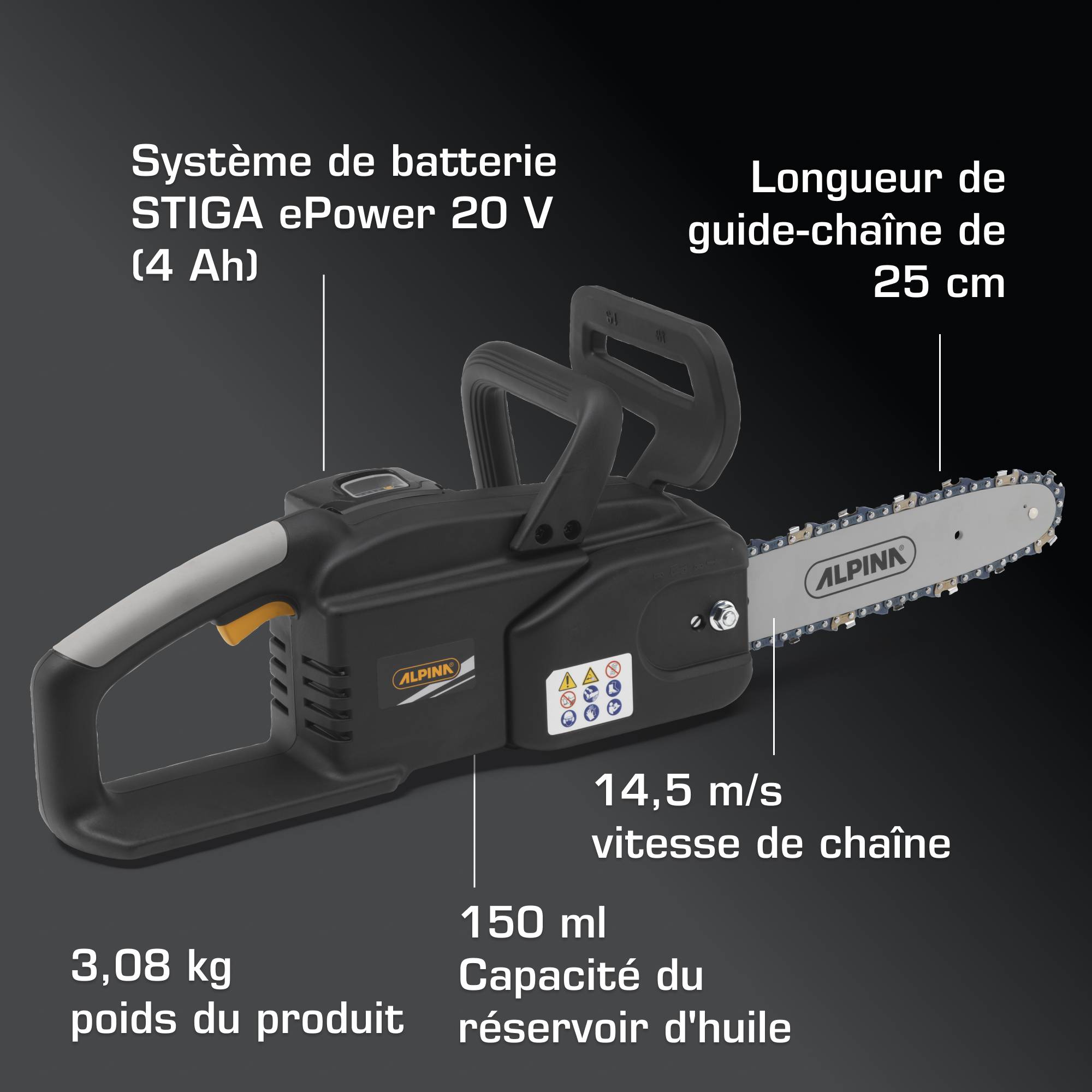 Alpina - Kit tronçonneuse ACS 20 Li, moteur 700W, guide 25cm, batterie STIGA 20V 4Ah - ALPINA - Image 6