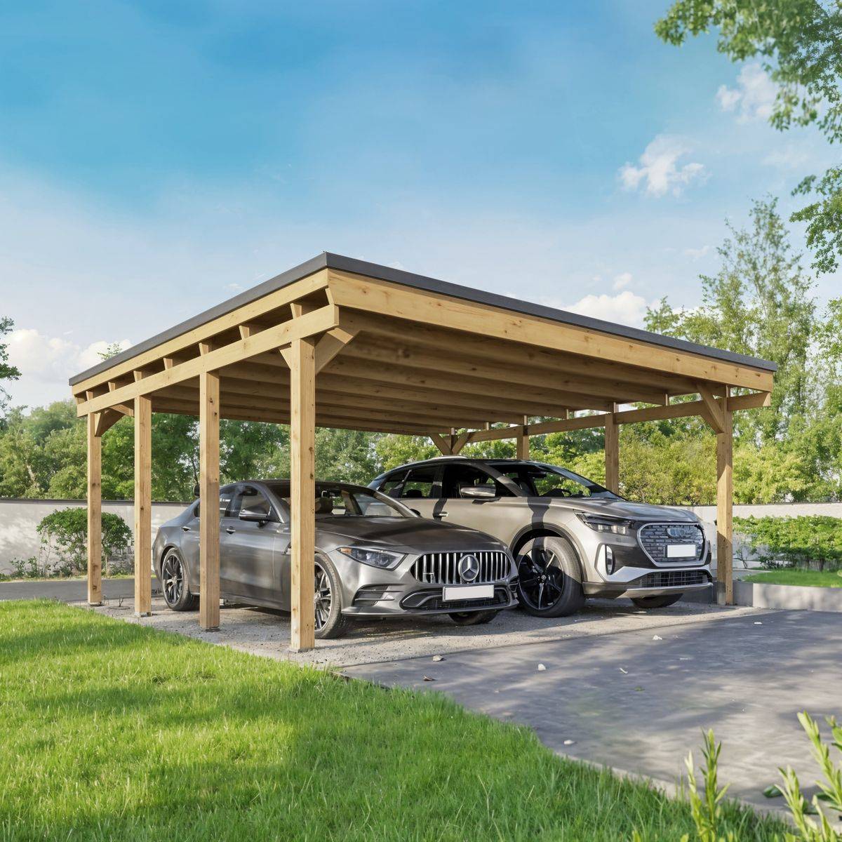 Direct Abris - Carport Bois CASTELLANE - 2 Voitures - Traitement Autoclave - Ancrage de Fixation en H - Bois de Haute Qualitée - Poteaux 12x12 cm - Image 1