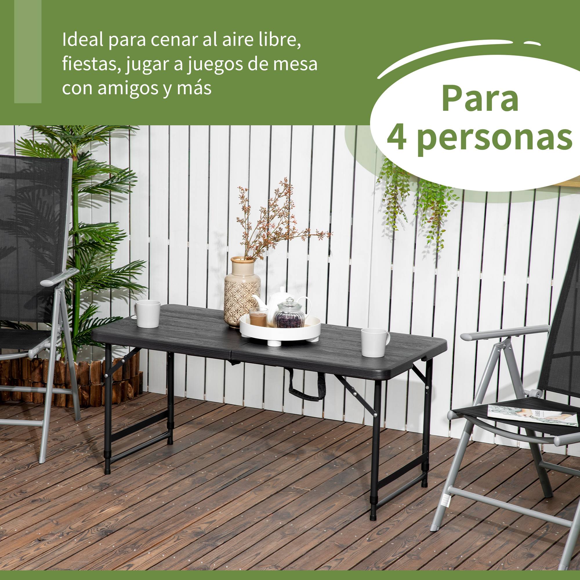 Table de jardin pliante pour 4 personnes, hauteur réglable, structure en acier, 118 x 60 x 56-74 cm, gris foncé - Image 6