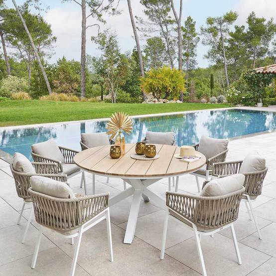 Hesperide - Table de jardin ronde "Oriengo" acacia & blanc 8 places en aluminium traité époxy - Hespéride - Image 1