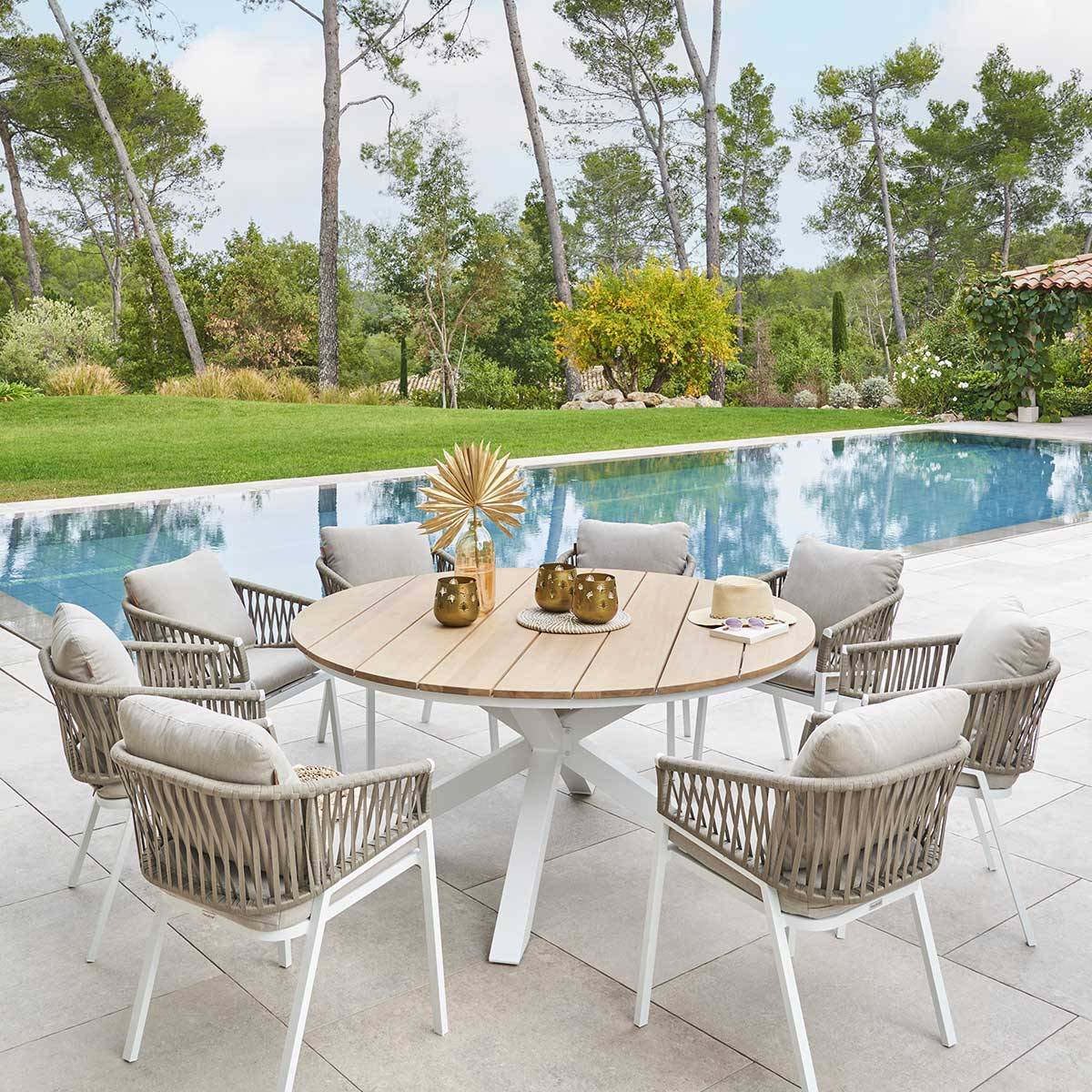 Hesperide - Table de jardin ronde "Oriengo" acacia  & blanc 8 places en aluminium traité époxy - Hespéride - Image 1