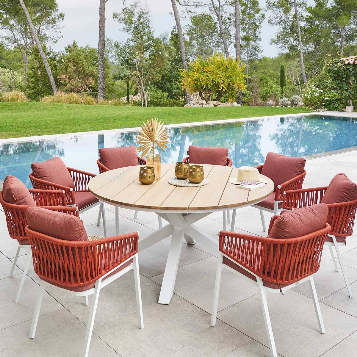 Hesperide - Table de jardin ronde "Oriengo" acacia  & blanc 8 places en aluminium traité époxy - Hespéride - Image 5