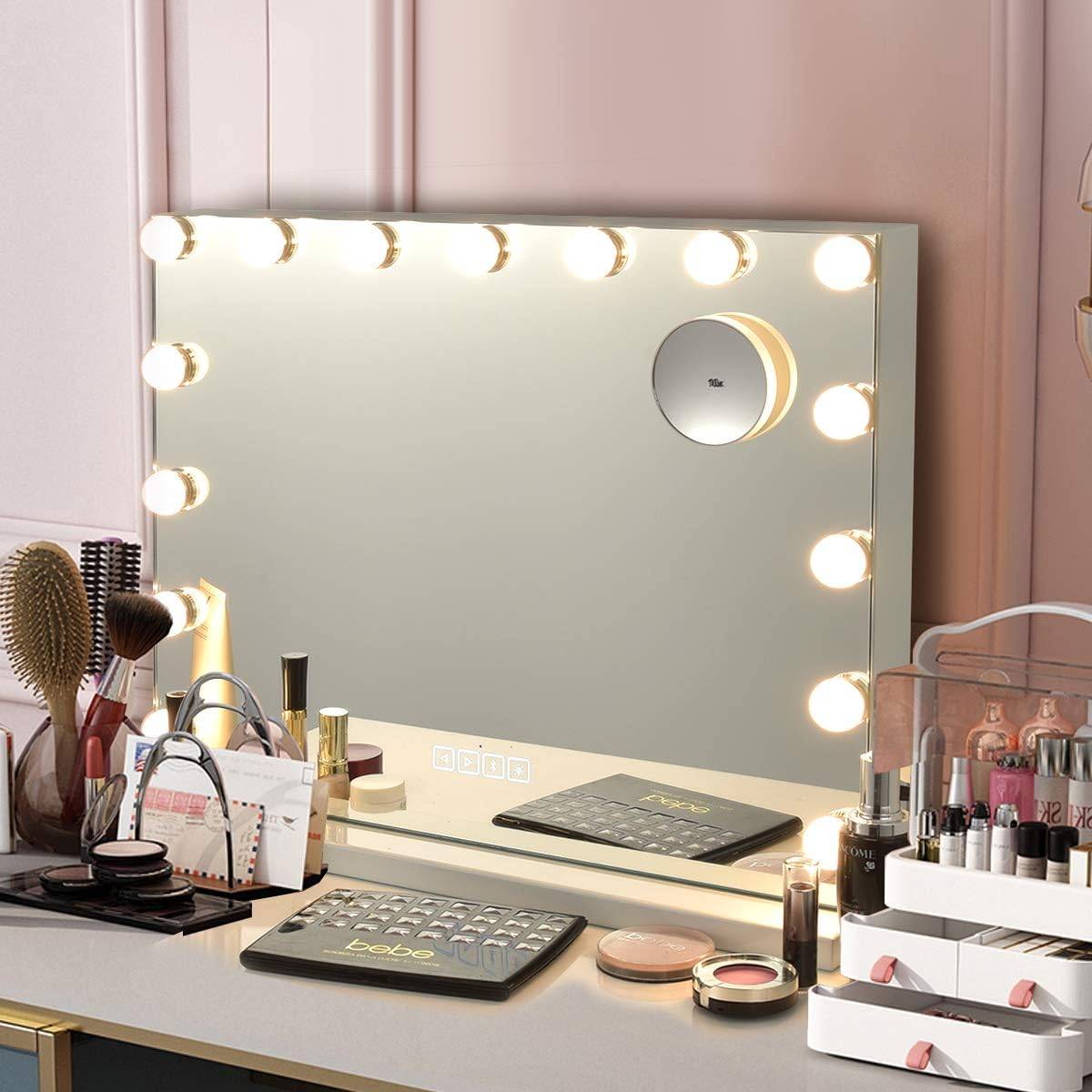 HOMCOM Miroir Hollywood LED Tactile – Lumière 3 Modes, Inclinable, Grand Format Pour Maquillage Parfait, Blanc Métal