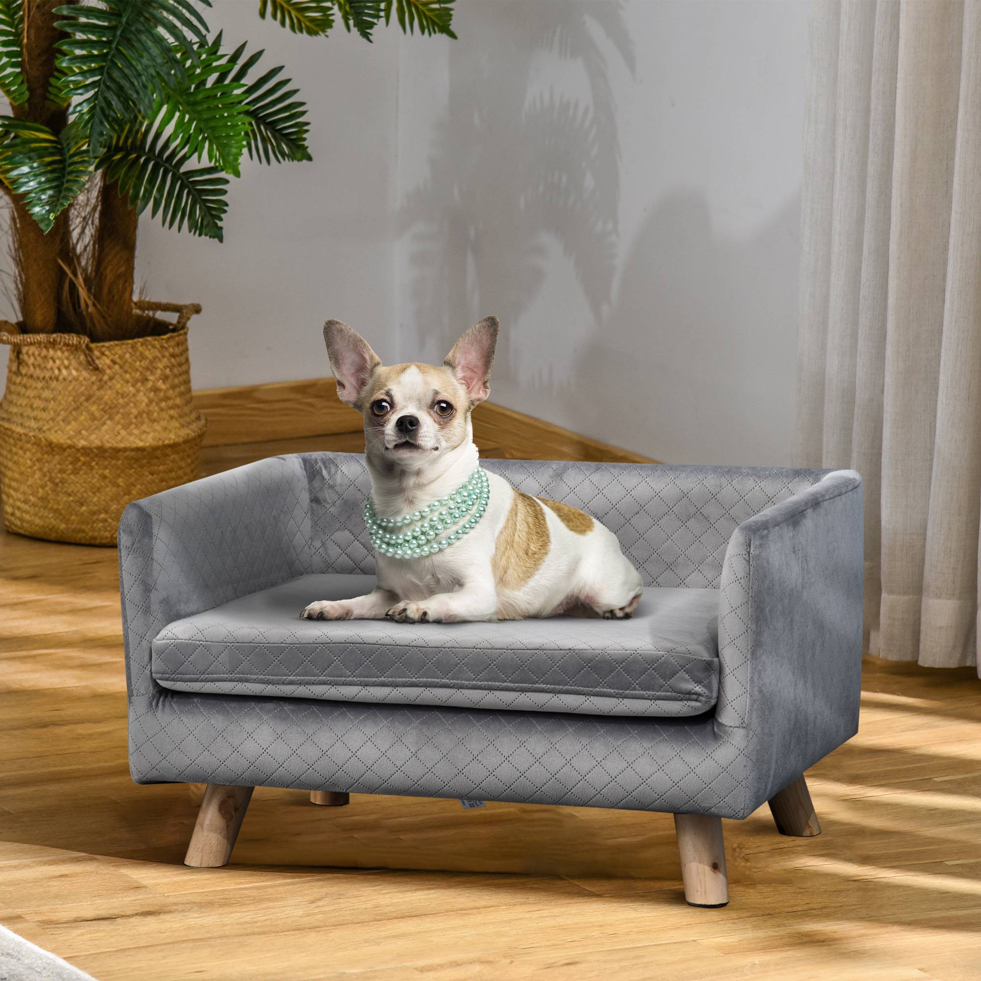 Sans Marque - Canapé chien lit divan velours dossier pieds bois coussin petits chiens 64x45x36 cm gris foncé - Image 3