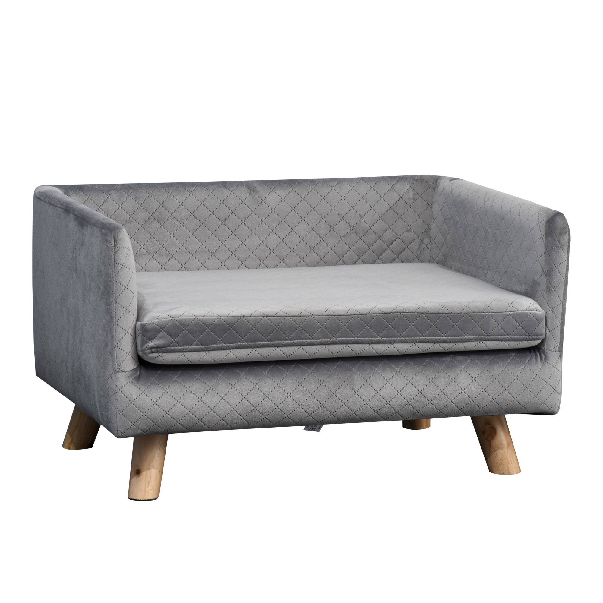 Sans Marque - Canapé chien lit divan velours dossier pieds bois coussin petits chiens 64x45x36 cm gris foncé - Image 1