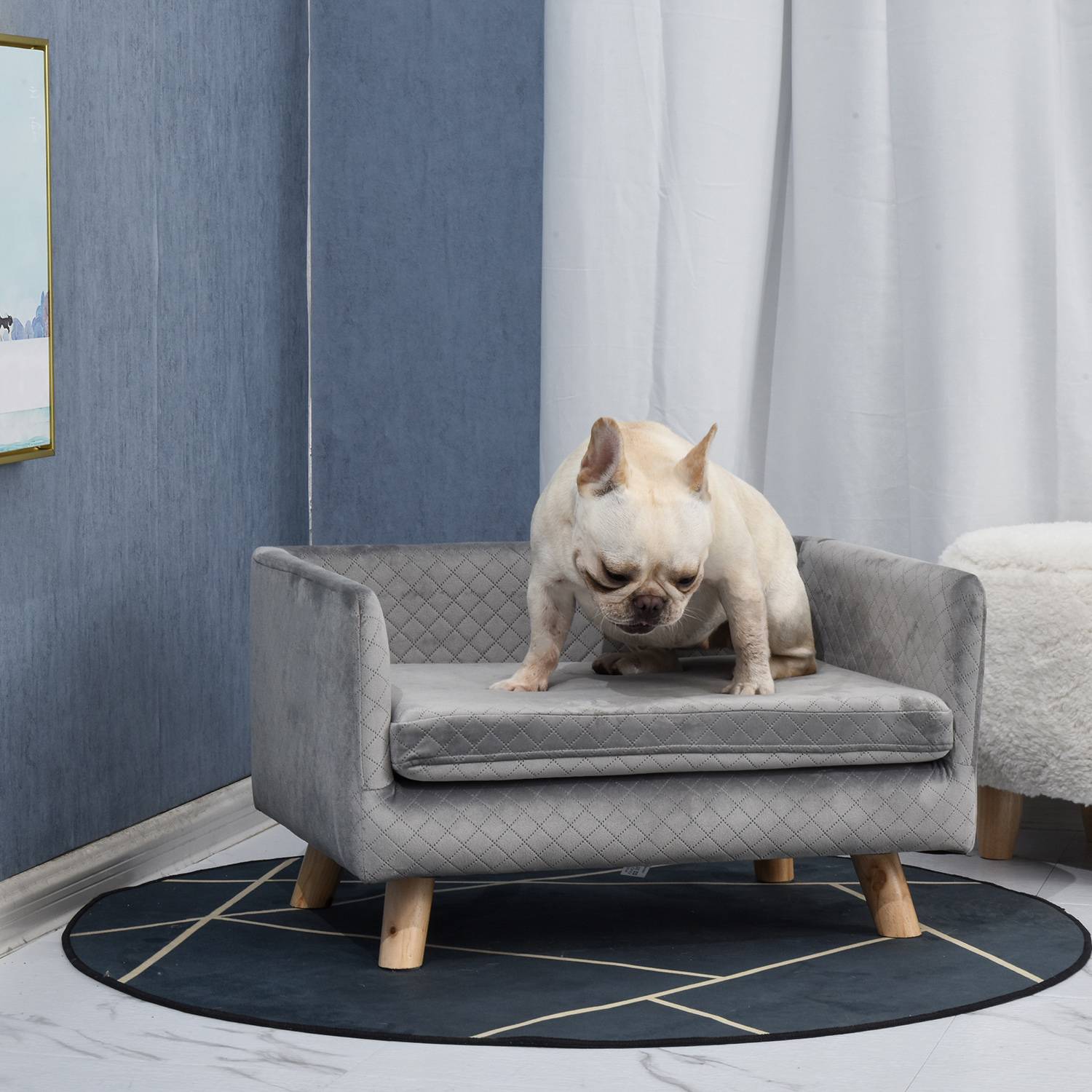 Sans Marque - Canapé chien lit divan velours dossier pieds bois coussin petits chiens 64x45x36 cm gris foncé - Image 2
