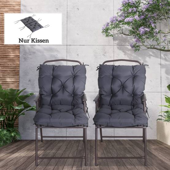 Lot de 2 coussins d’assise 98x50x8 cm, rembourrés avec attaches, lavables, gris - Image 4