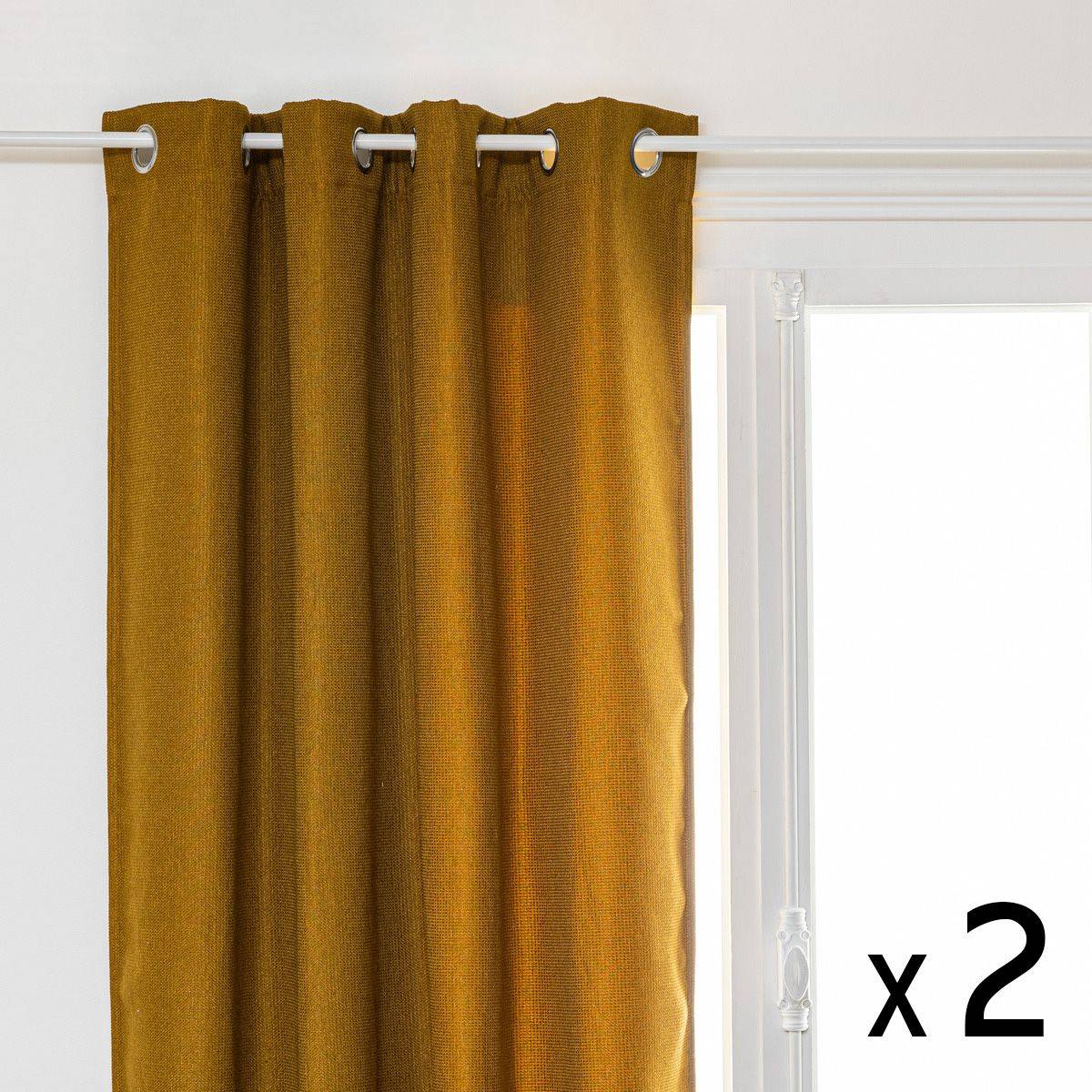 Atmosphera - Lot de 2 Rideaux à  œillets Occultant Tissu Chenille Jaune Ocre 140 x 260 cm - Image 1