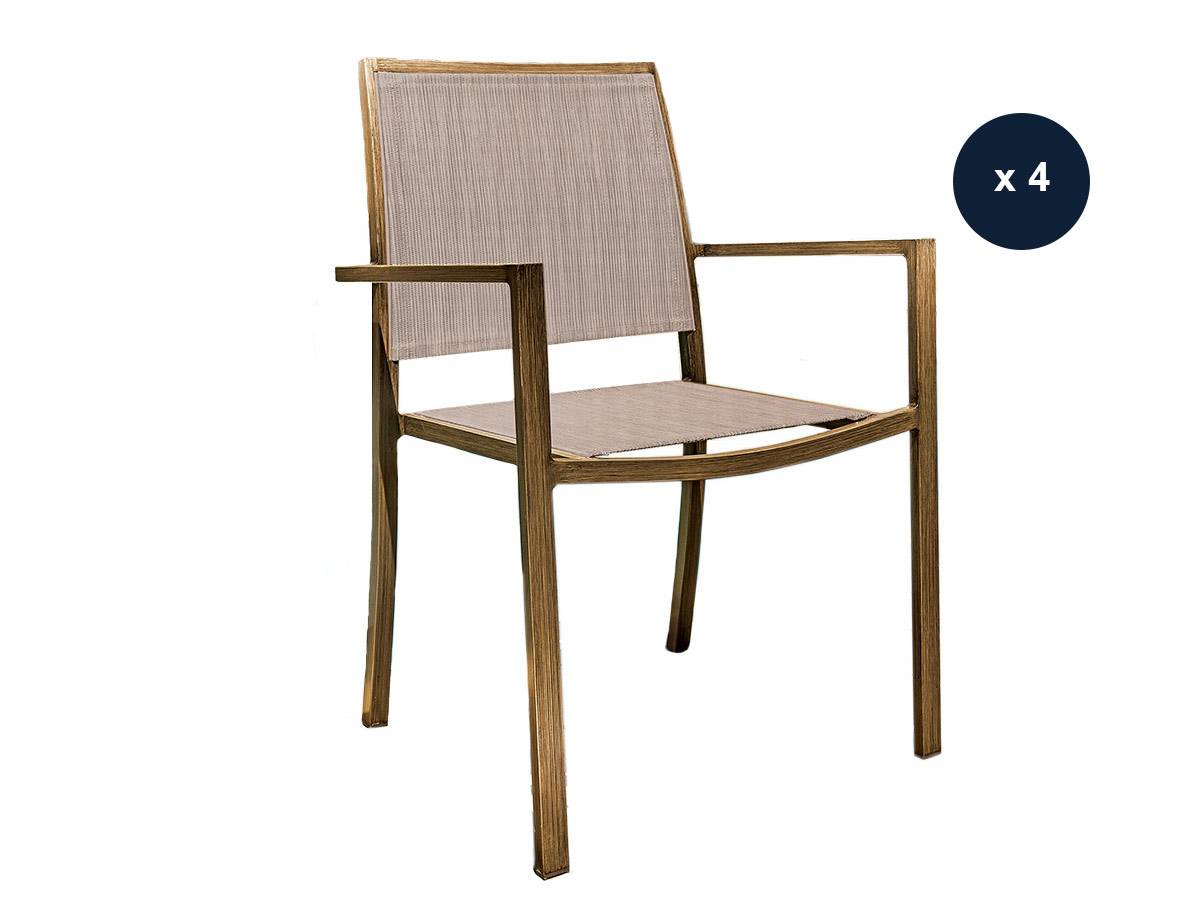 Lot de 4 Fauteuils de jardin en aluminium et textilène empilable aspect teck SANTORIN - Jardiline - Image 1