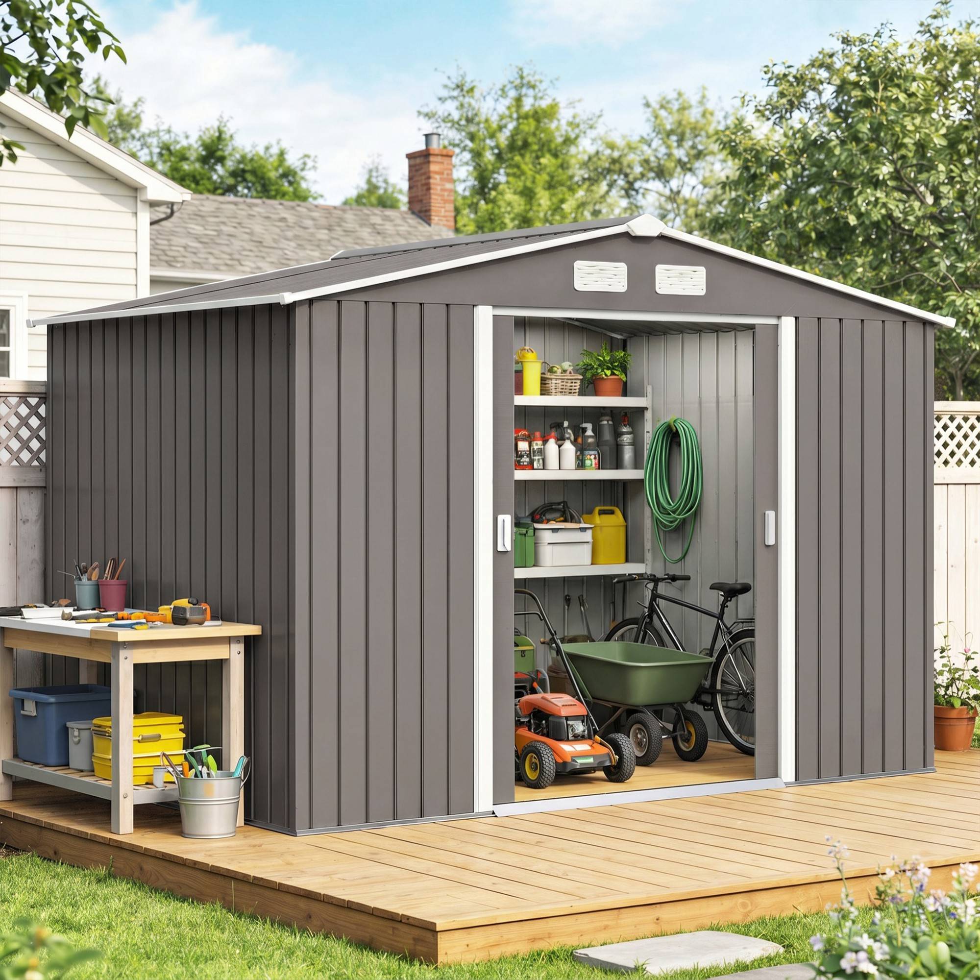 Abri de jardin 4,9 m² 277 x 195 x 192 cm avec 2 portes coulissantes, base renforcée (plancher non inclus), gris - Image 4