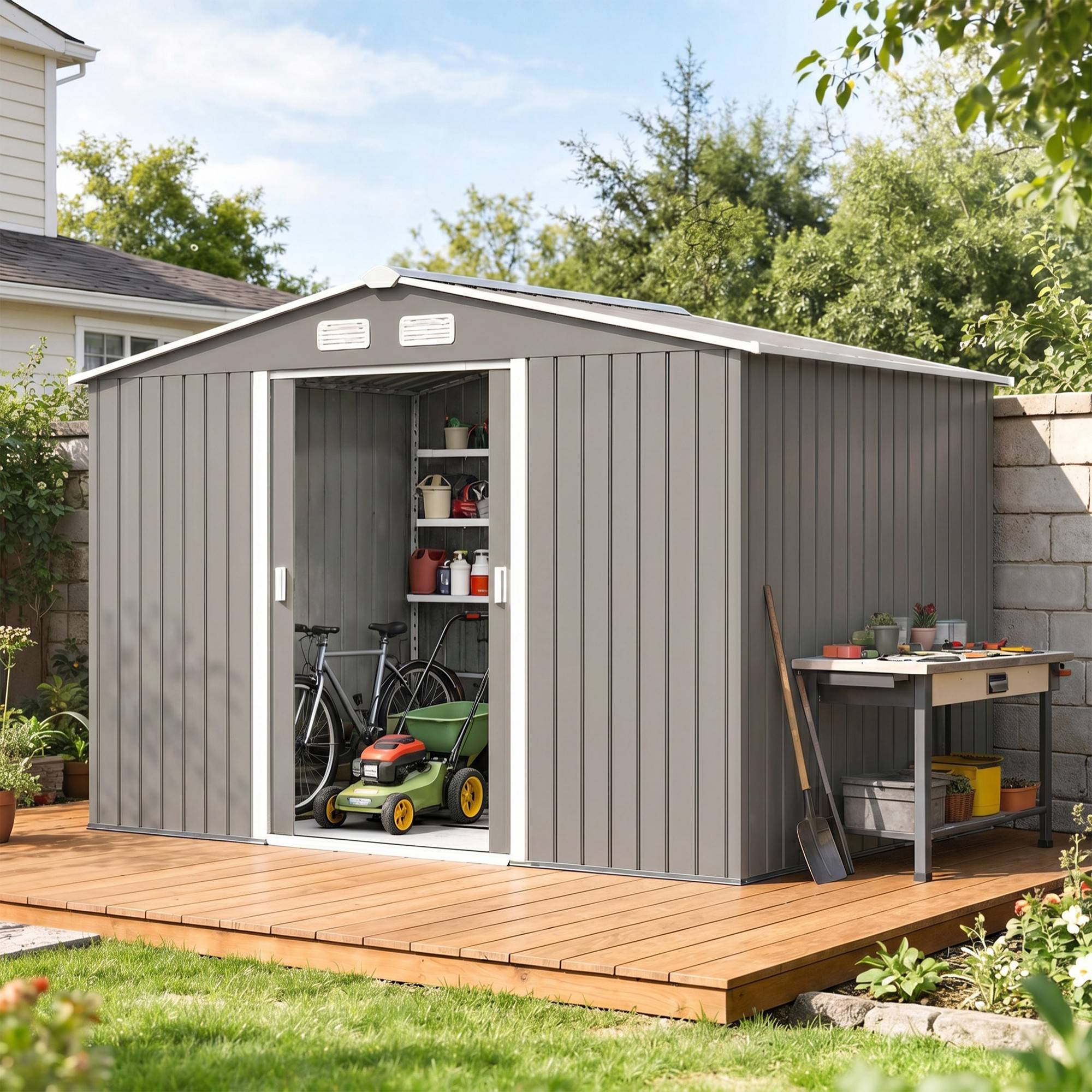 Abri de jardin 4,9 m² 277 x 195 x 192 cm avec 2 portes coulissantes, base renforcée (plancher non inclus), gris - Image 3