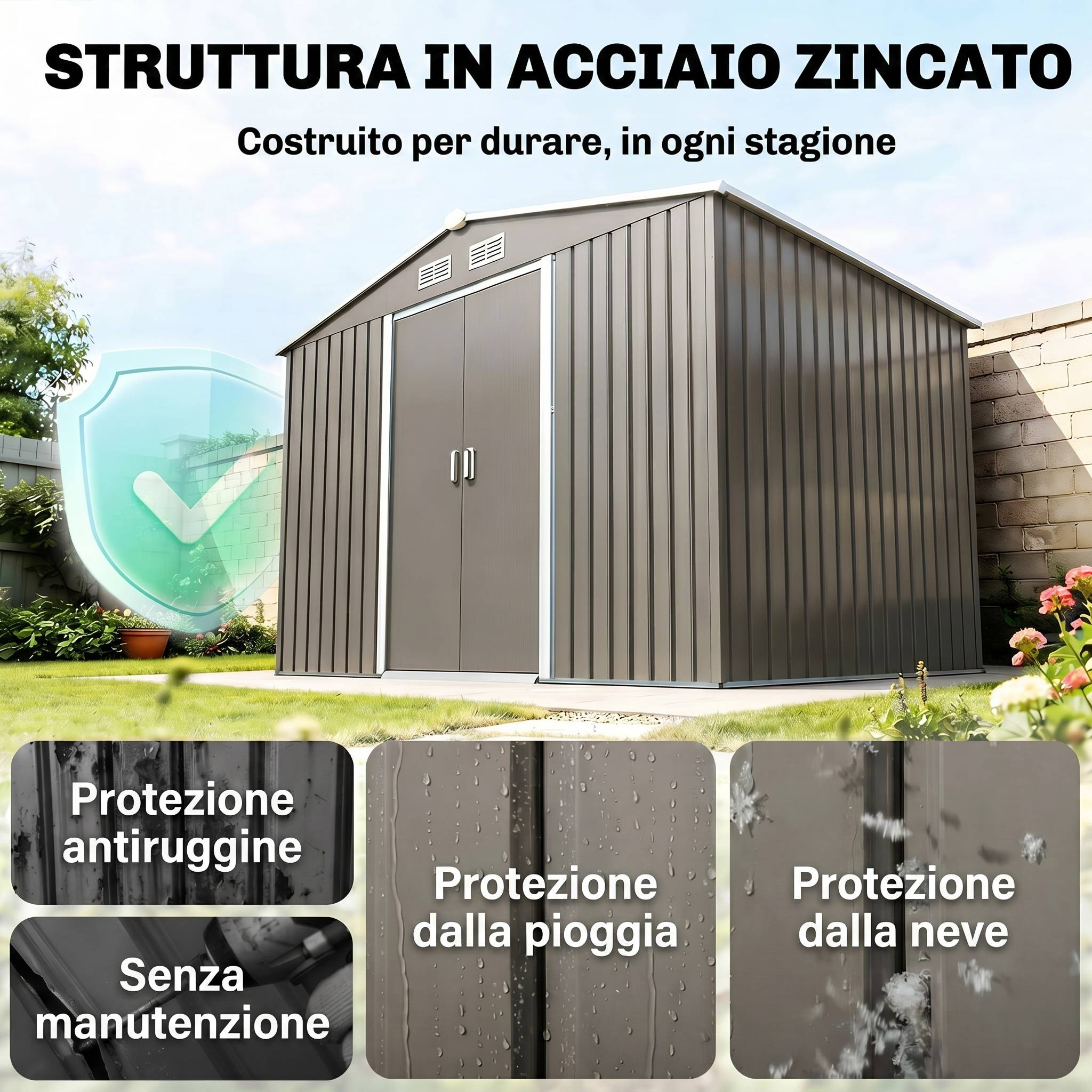 Abri de jardin 4,9 m² 277 x 195 x 192 cm avec 2 portes coulissantes, base renforcée (plancher non inclus), gris - Image 6