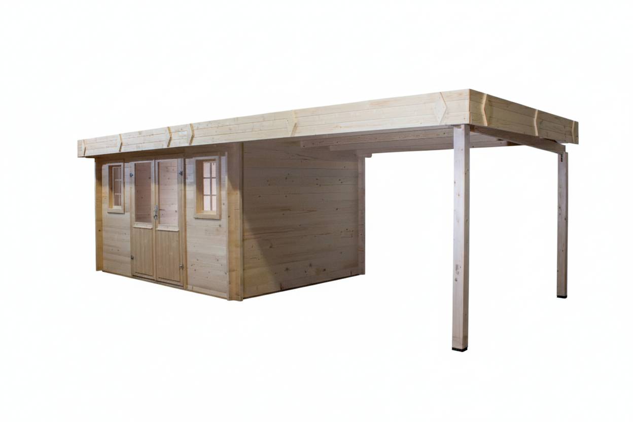 Habrita - Abri Madriers bois massif - 42 mm- surface extérieur 21,38 m2 avec bûcher - Toit plat - bac acier - Image 4