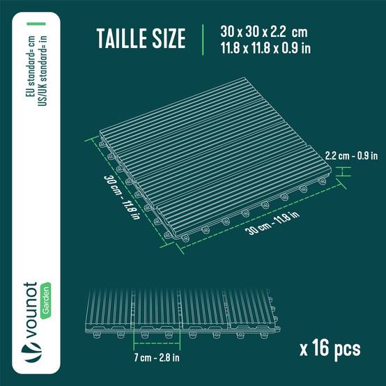 Vounot - Lot de 16 Dalles clipsables extérieur 30x30 cm - WPC - Caillebotis de terrasse antidérapant et drainant - Couleur bois - VOUNOT® - Image 3
