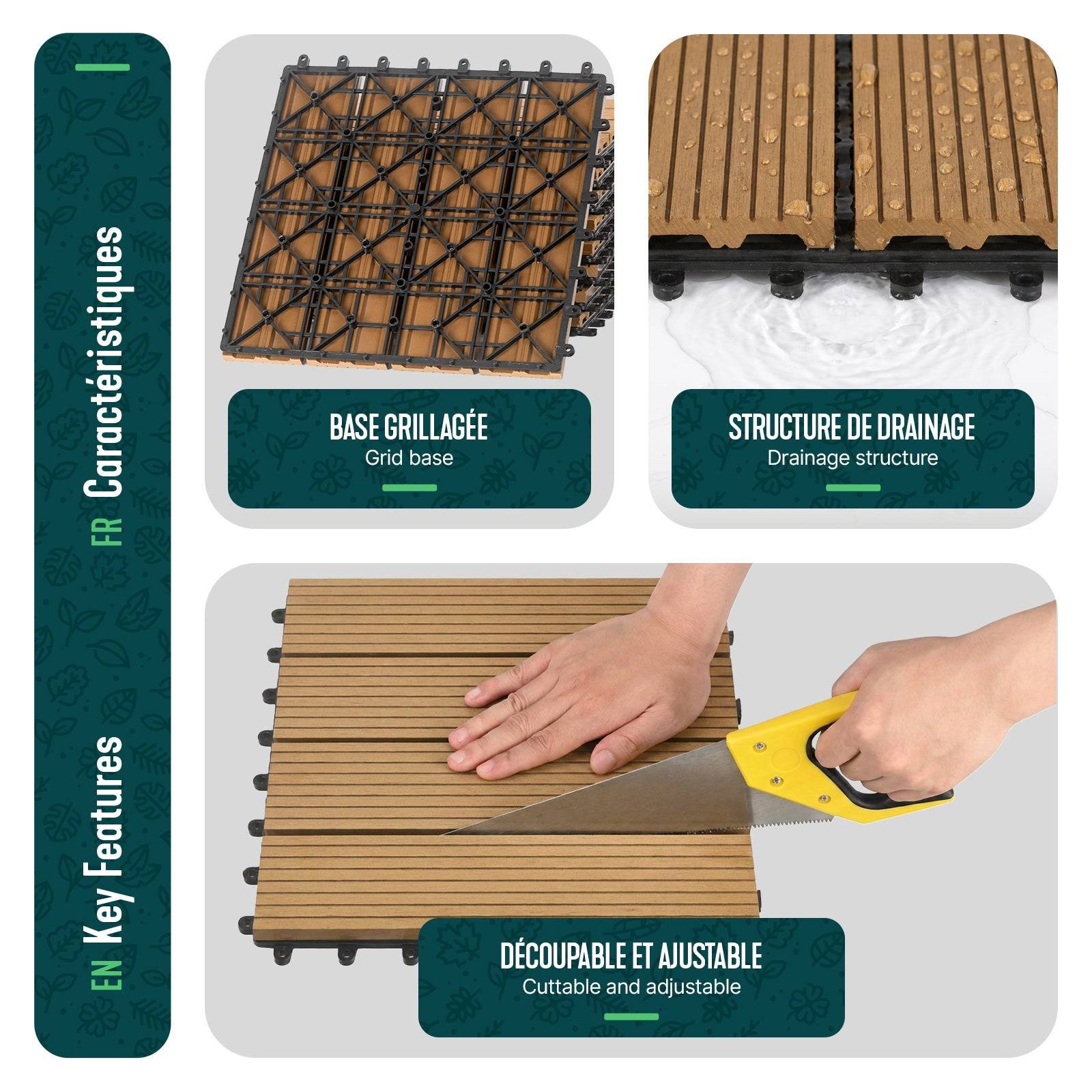 Vounot - Lot de 16 Dalles clipsables extérieur 30x30 cm - WPC - Caillebotis de terrasse antidérapant et drainant - Couleur bois - VOUNOT® - Image 6