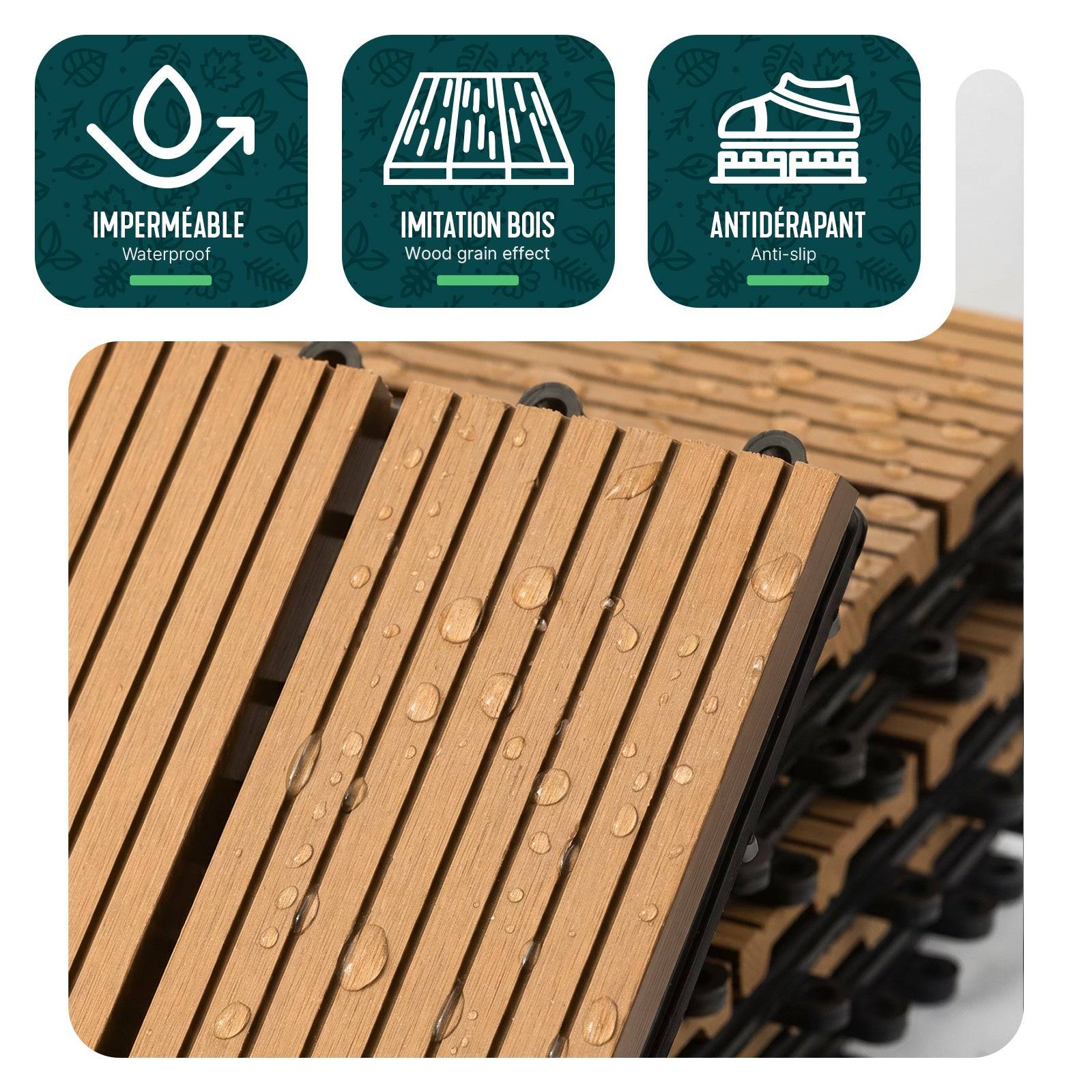 Vounot - Lot de 16 Dalles clipsables extérieur 30x30 cm - WPC - Caillebotis de terrasse antidérapant et drainant - Couleur bois - VOUNOT® - Image 4