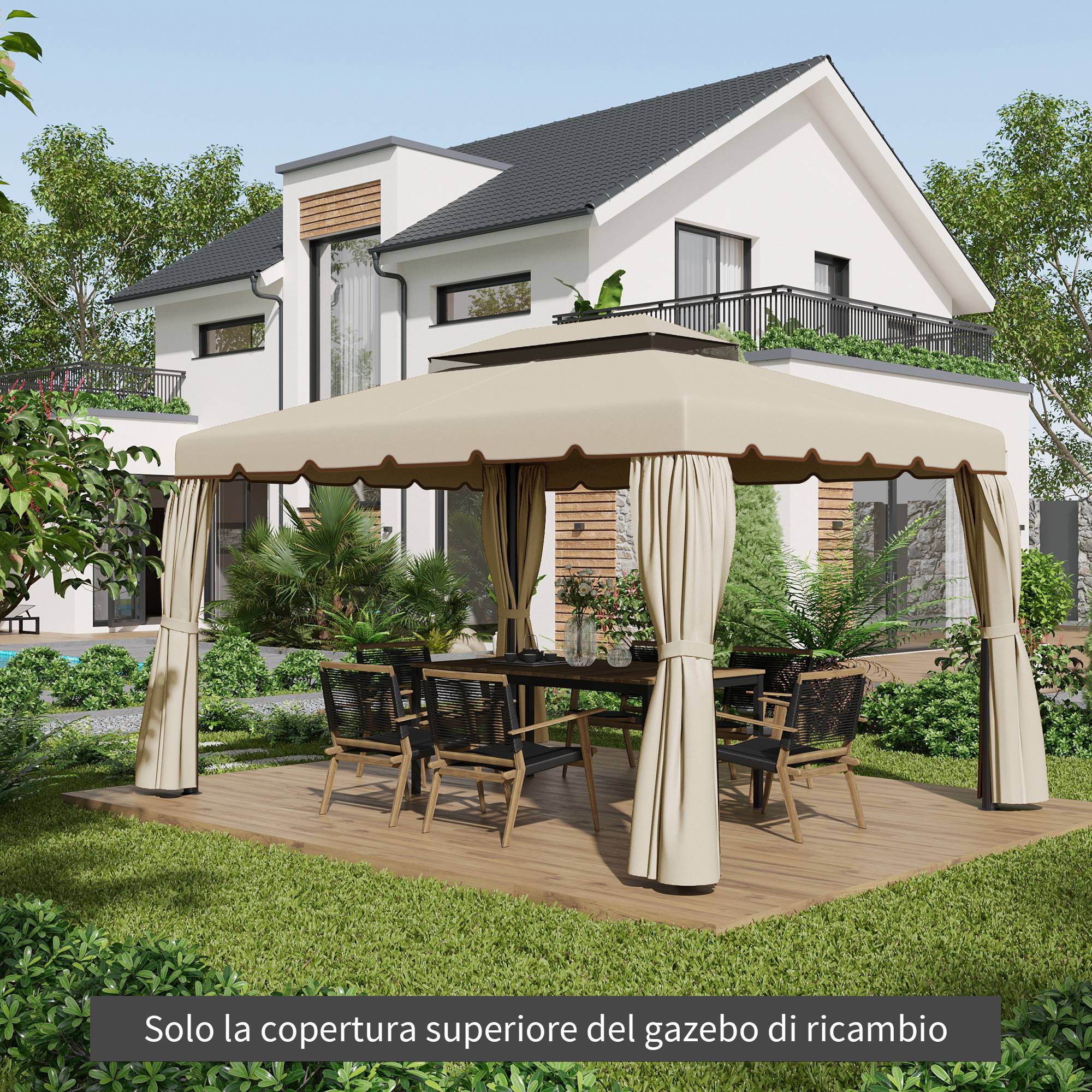 Toile de remplacement pour tonnelle de jardin 3x4m à toit à deux niveaux, en polyester beige - Image 4
