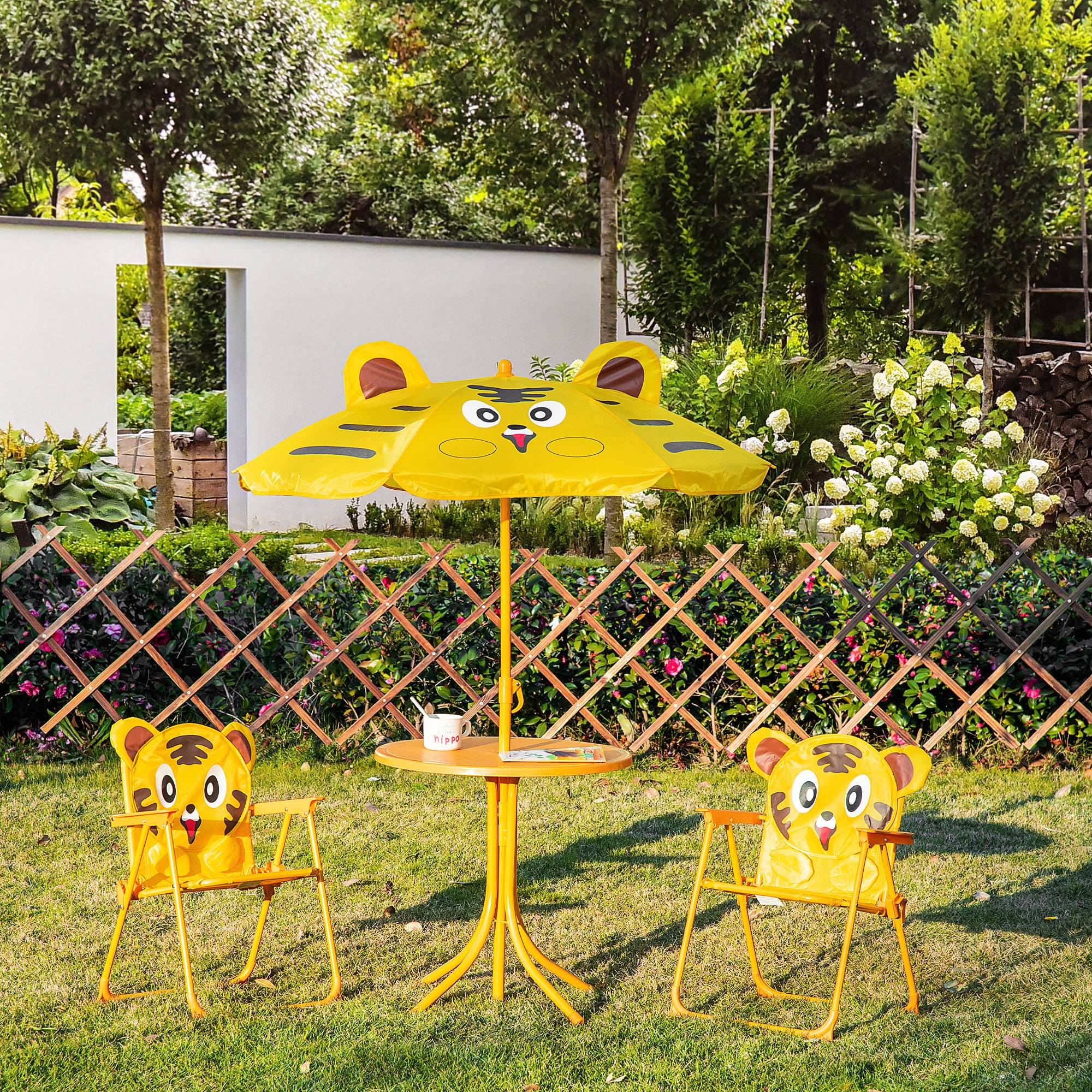 Maison Chic - Ensemble Salon de Jardin Enfant 4 pcs Design Tigre - Table Ronde + 2 chaises Pliables + Parasol - métal époxy Oxford Jaune - Image 4
