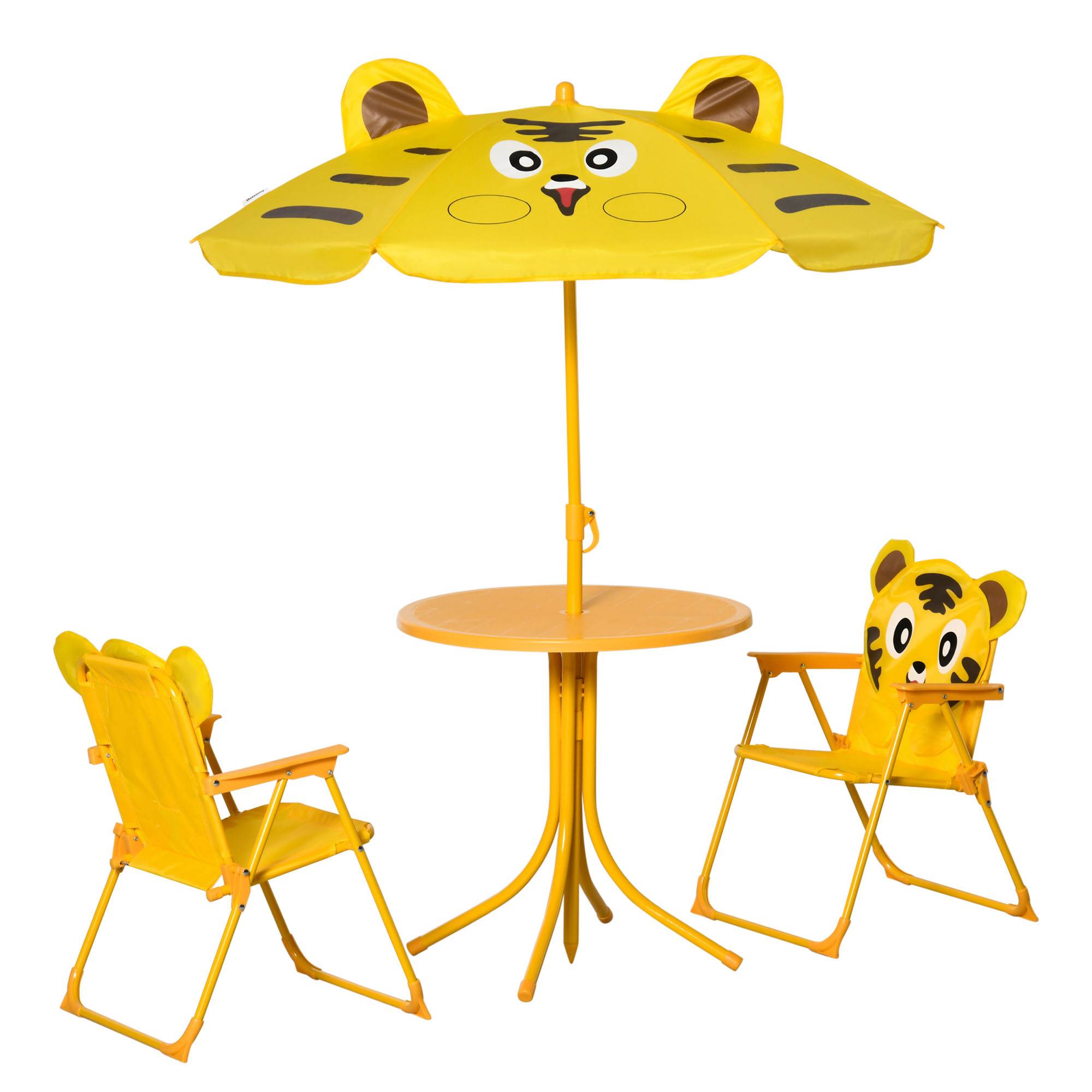 Maison Chic - Ensemble Salon de Jardin Enfant 4 pcs Design Tigre - Table Ronde + 2 chaises Pliables + Parasol - métal époxy Oxford Jaune - Image 1