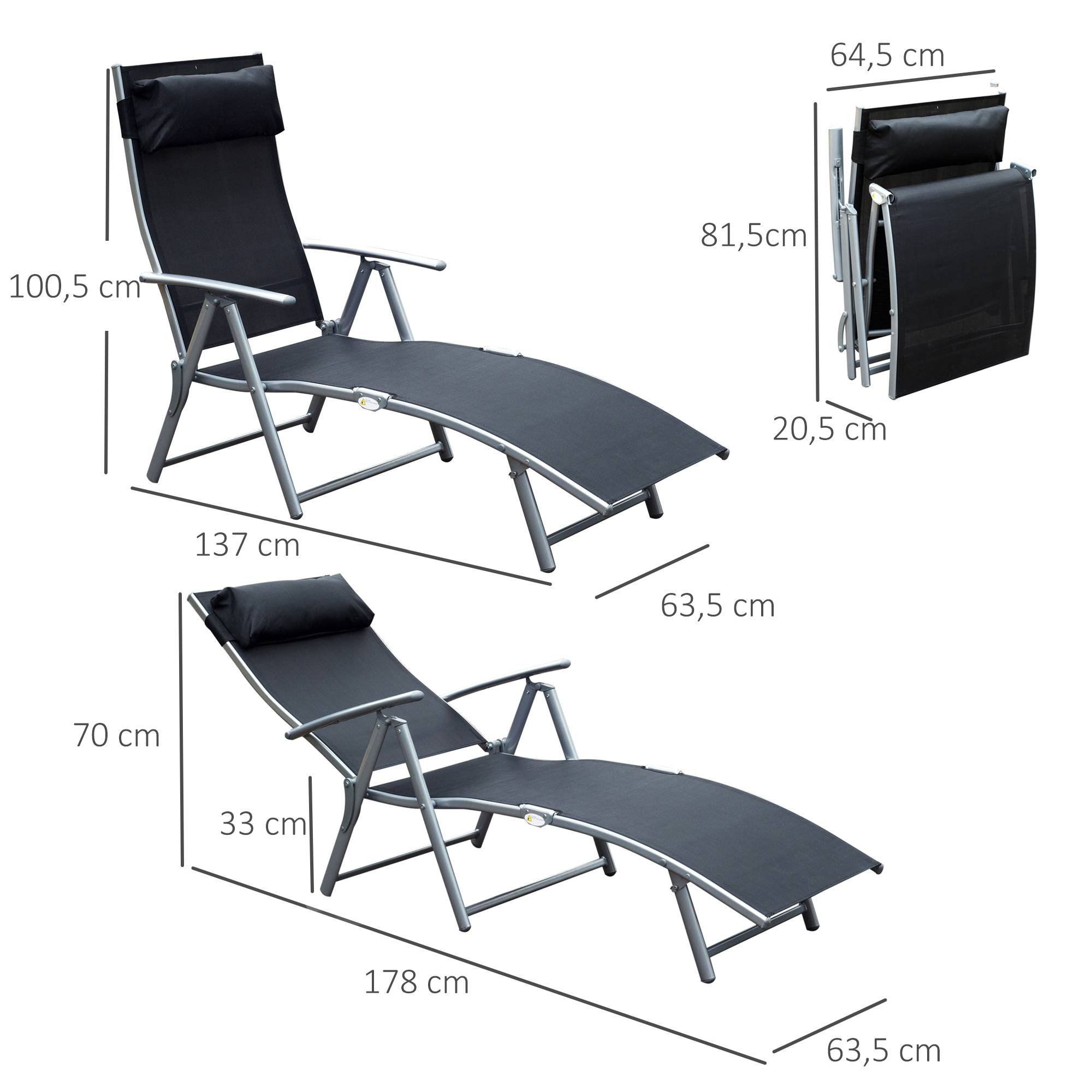 transat Chaise Longue Bain de Soleil Pliable Dossier inclinable - 137x63.5x100.5cm Métal Noir fr580 - Image 5