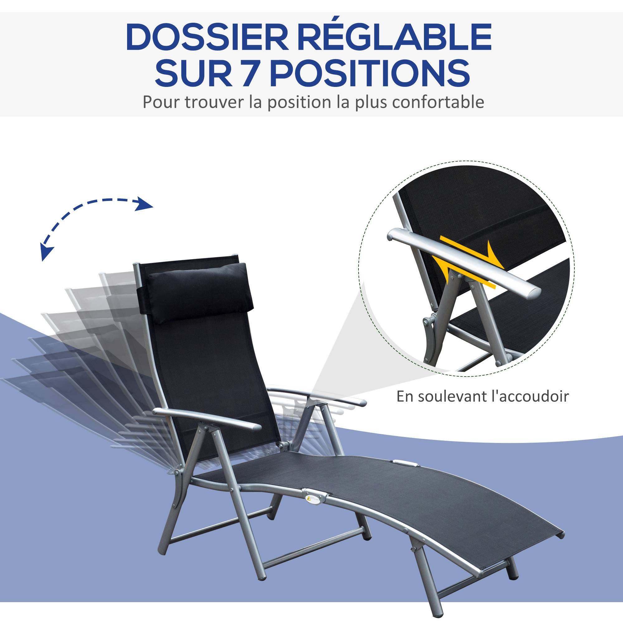 transat Chaise Longue Bain de Soleil Pliable Dossier inclinable - 137x63.5x100.5cm Métal Noir fr580 - Image 6