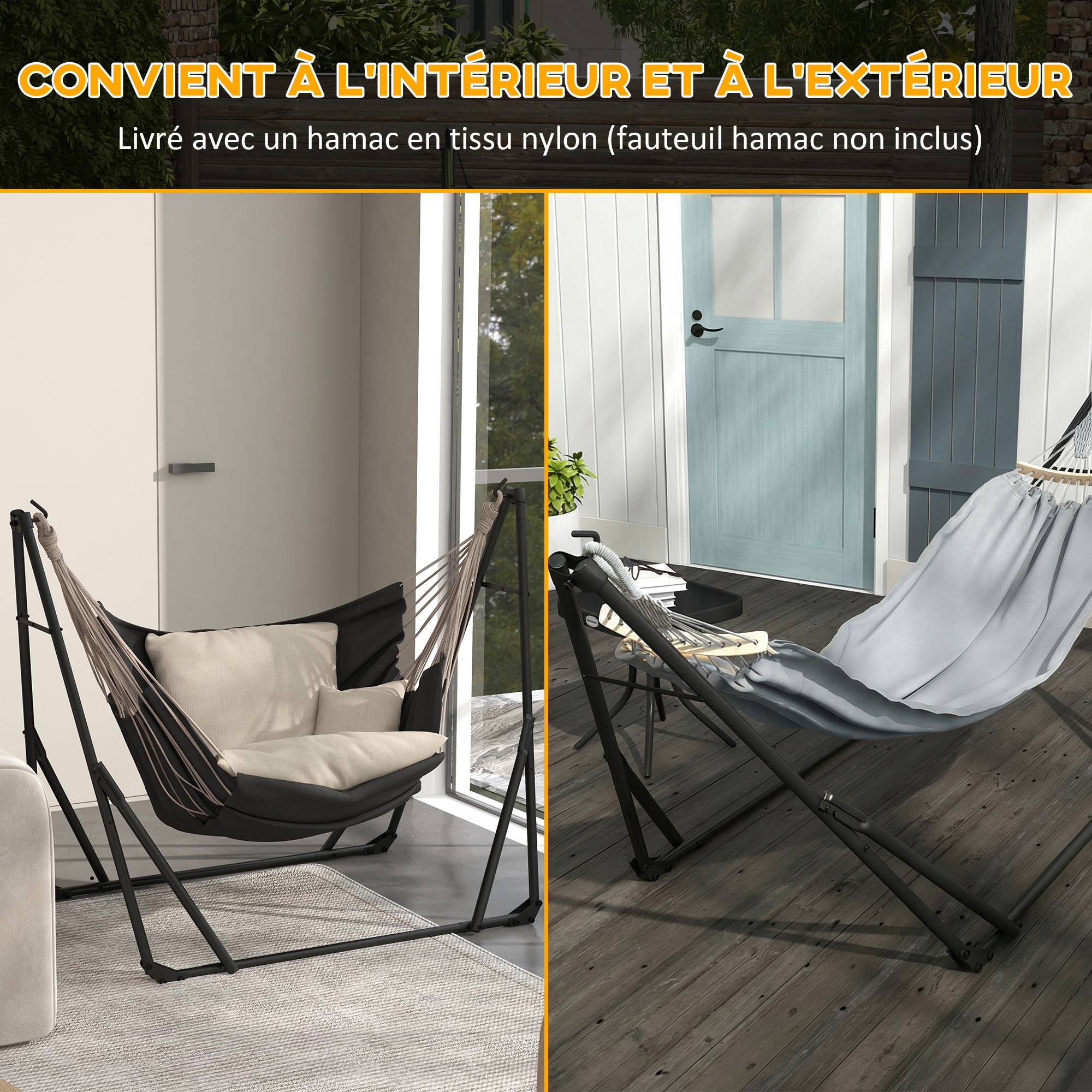 Support hamac pliable 2 en 1 acier pour jardin et terrasse avec sac de transport 268cm gris - ComfortXL Outdoor Living - Image 9