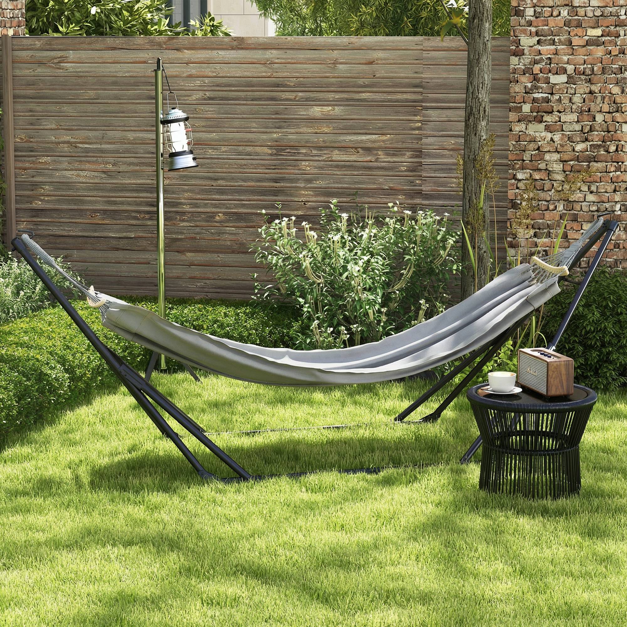 Support hamac pliable 2 en 1 acier pour jardin et terrasse avec sac de transport 268cm gris - ComfortXL Outdoor Living - Image 4