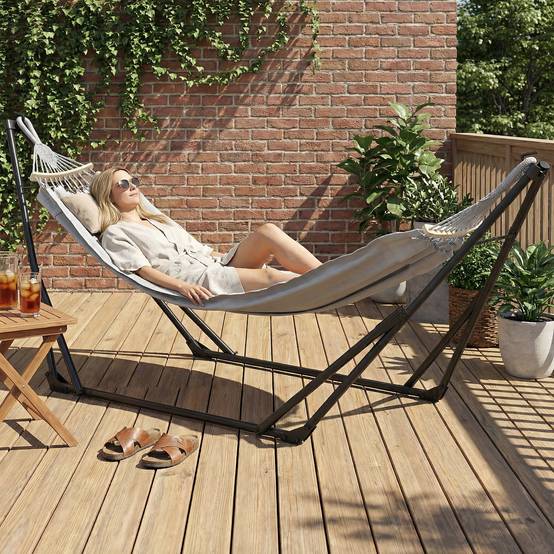 Support hamac pliable 2 en 1 acier pour jardin et terrasse avec sac de transport 268cm gris - ComfortXL Outdoor Living - Image 3
