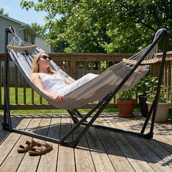Support hamac pliable 2 en 1 acier pour jardin et terrasse avec sac de transport 268cm gris - ComfortXL Outdoor Living - Image 10