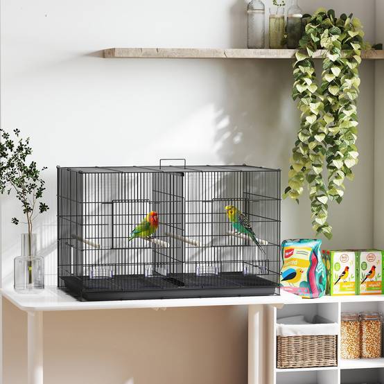 Cage pour oiseaux avec séparateur, 4 mangeoires, 4 oiseaux, plateau amovible pour perruches (Loros canarios), 94 x 57 x 57 cm, noire - Image 4