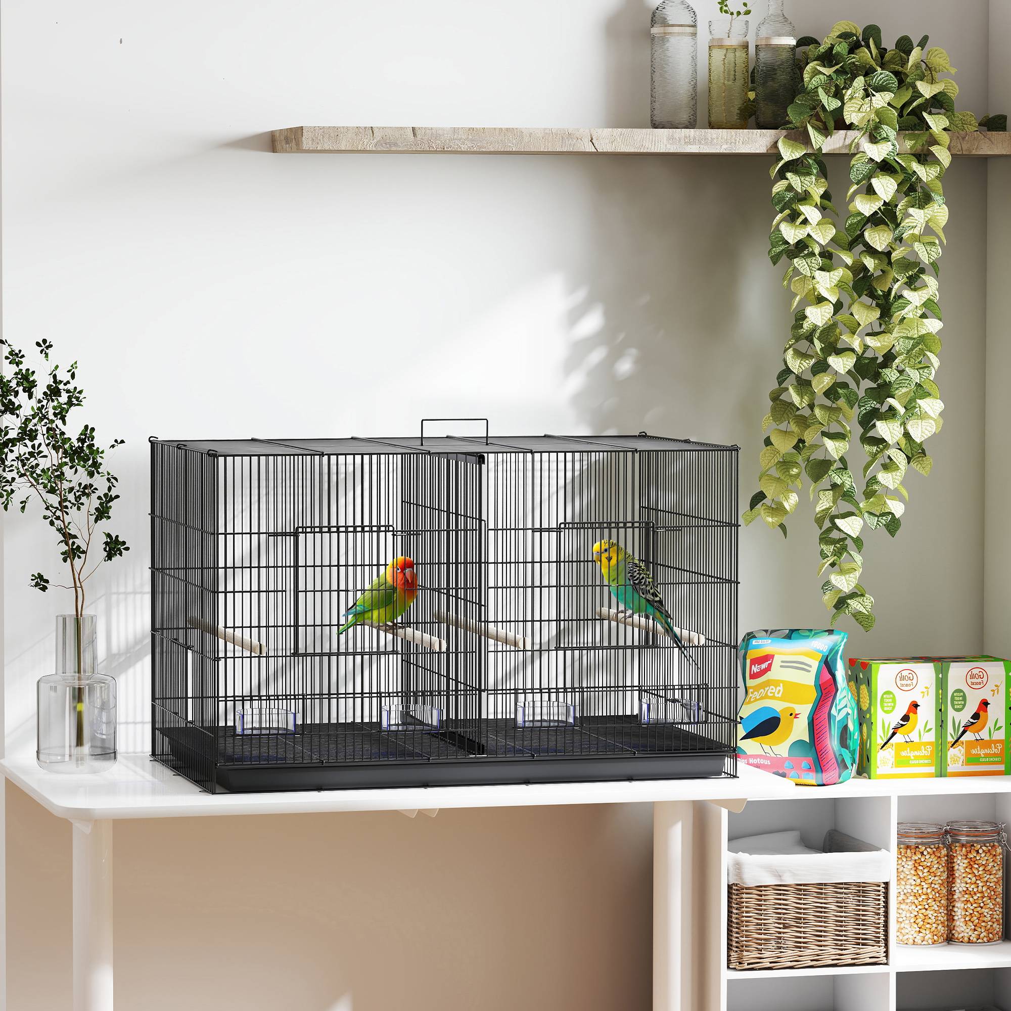 Cage pour oiseaux avec séparateur, 4 mangeoires, 4 oiseaux, plateau amovible pour perruches (Loros canarios), 94 x 57 x 57 cm, noire - Image 4